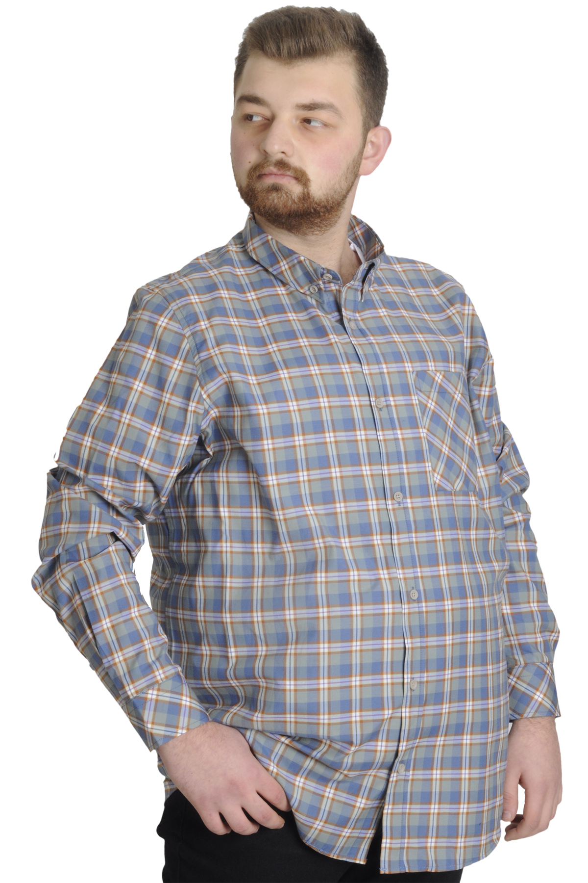 ModeXL Mode XL Büyük Beden Erkek Gömlek Ekose Uzun Kollu 23300 Mor görsel 2