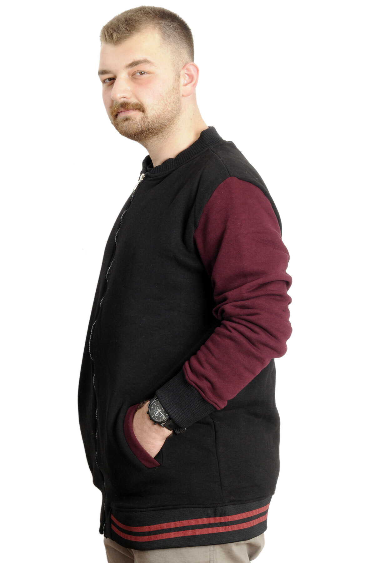 ModeXL Mode XL Büyük Beden Erkek Kolej Mont 22618 Siyah-Mürdüm görsel 2