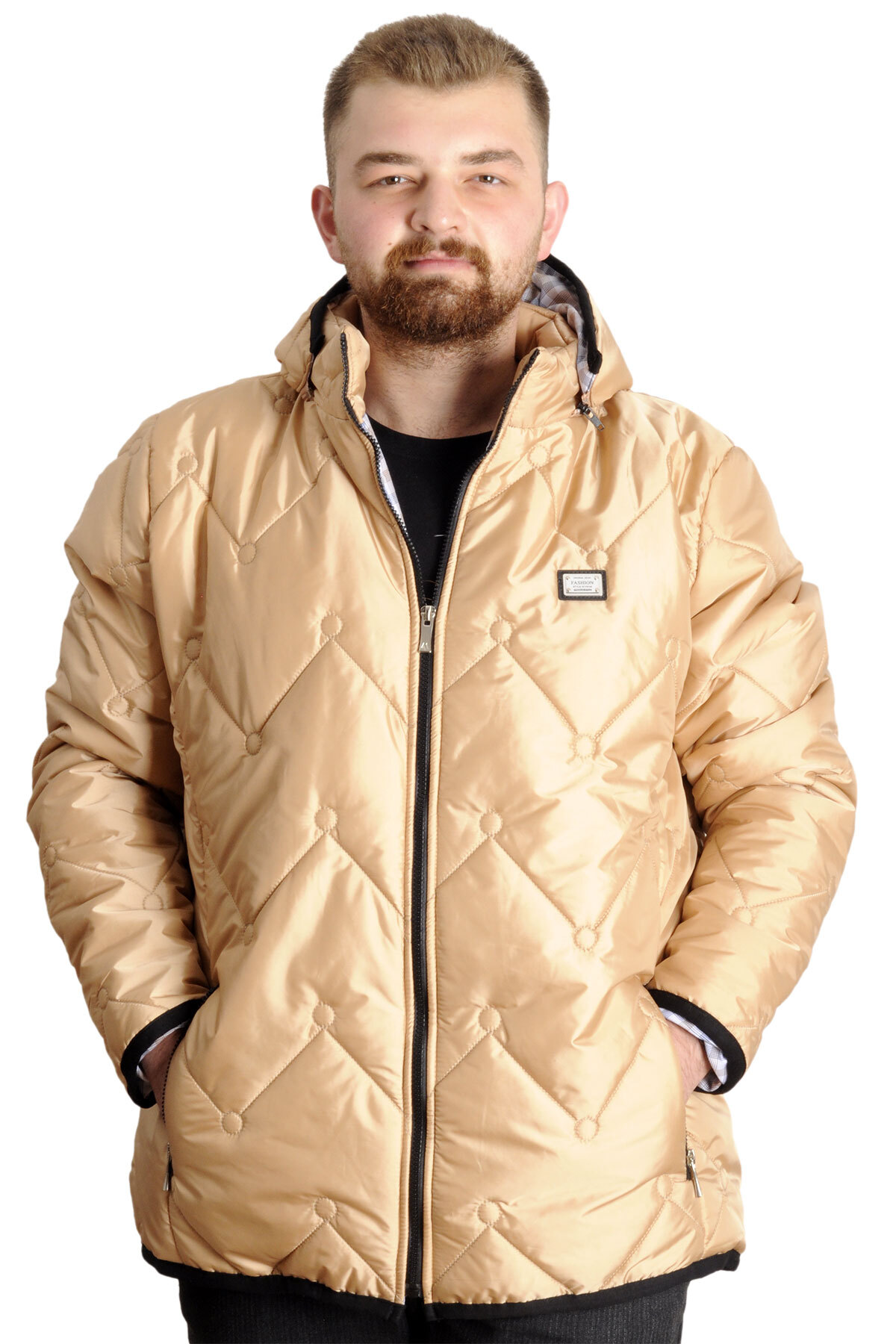 ModeXL Mode XL Büyük Beden Erkek Şişme Mont Fermuarlı Kapüşonlu 23657 Bej
