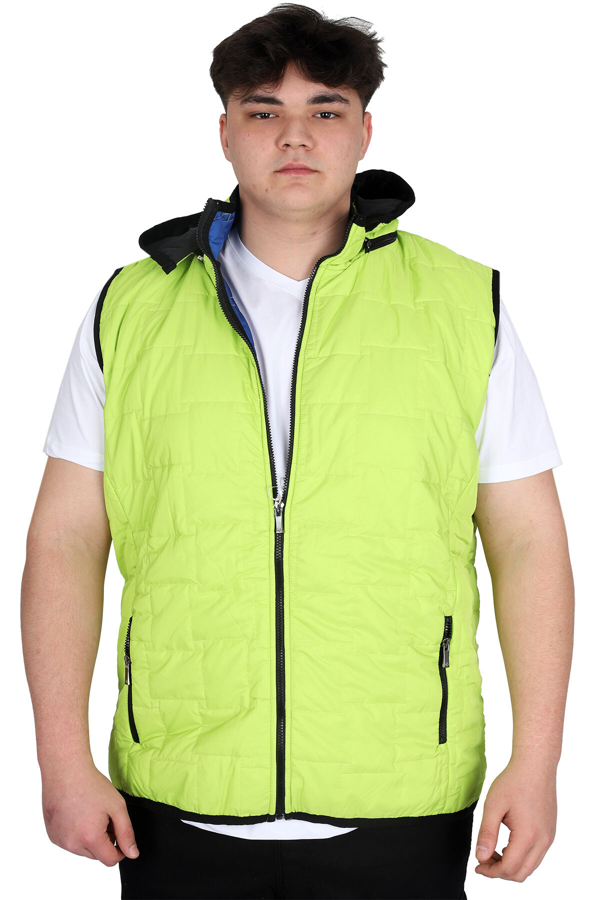 ModeXL Mode XL Büyük Beden Erkek Kapüşonlu Fermuarlı Şişme Yelek U24700 Koyu Yeşil