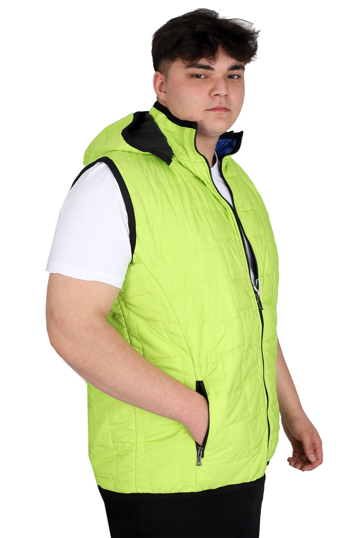 ModeXL Mode XL Büyük Beden Erkek Kapüşonlu Fermuarlı Şişme Yelek U24700 Koyu Yeşil görsel 2