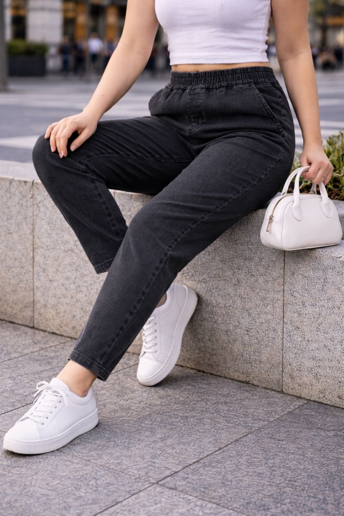 CEDY DENIM  - Büyük Beden Likralı, Beli Lastikli Jean Pantolon C636-Antrasit - Görsel 6