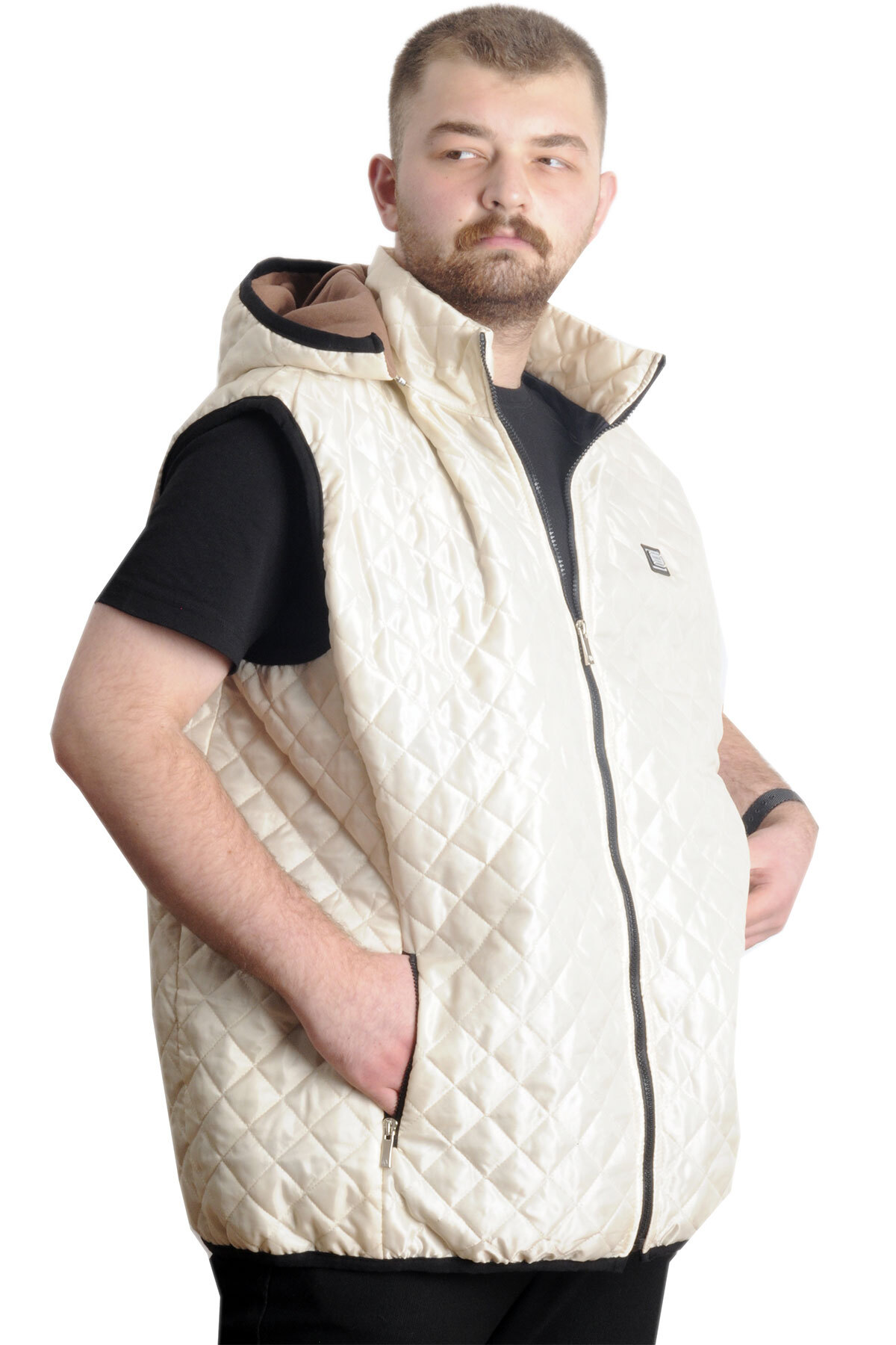 ModeXL Mode XL Büyük Beden Erkek Kapitone Yelek Kapüşonlu 23712 Bej görsel 3
