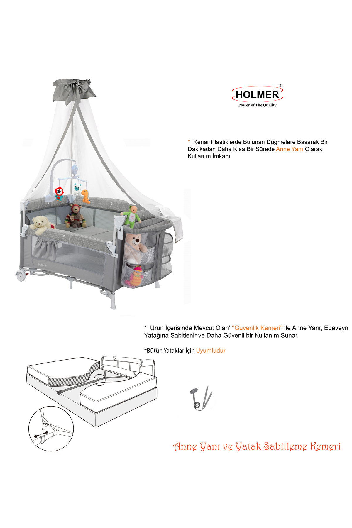 Holmer YATAK HEDİYELİ ( Alt Değiştirme Aparatı, Cibinlik, Dönenceli Oyun Parkı/Park Yatak/Beşik ) fotoğrafı 3 (önizleme)