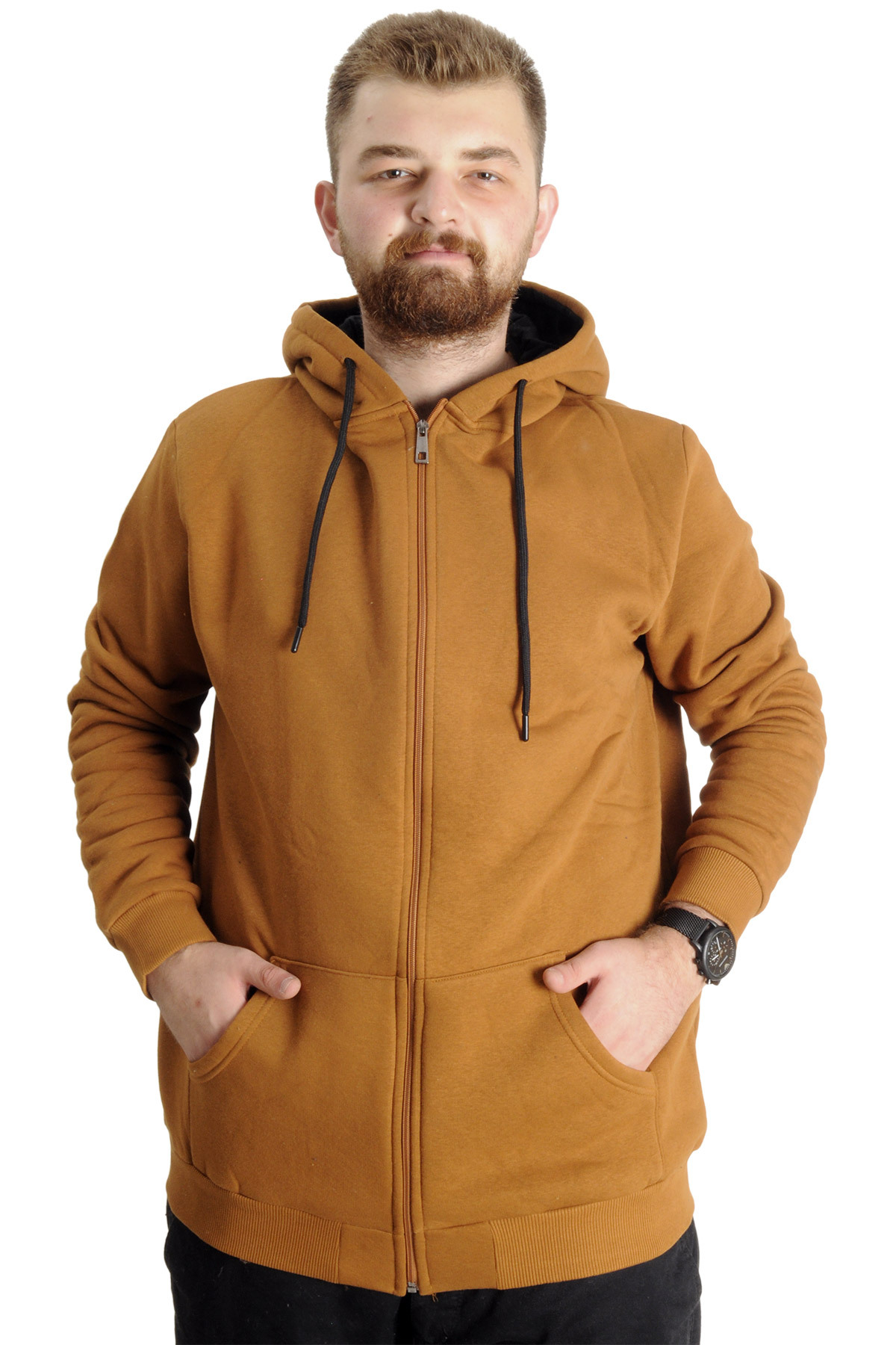 ModeXL Mode XL Büyük Beden Erkek Sweat Kapşon Cep Zippered Basic 20543 Camel
