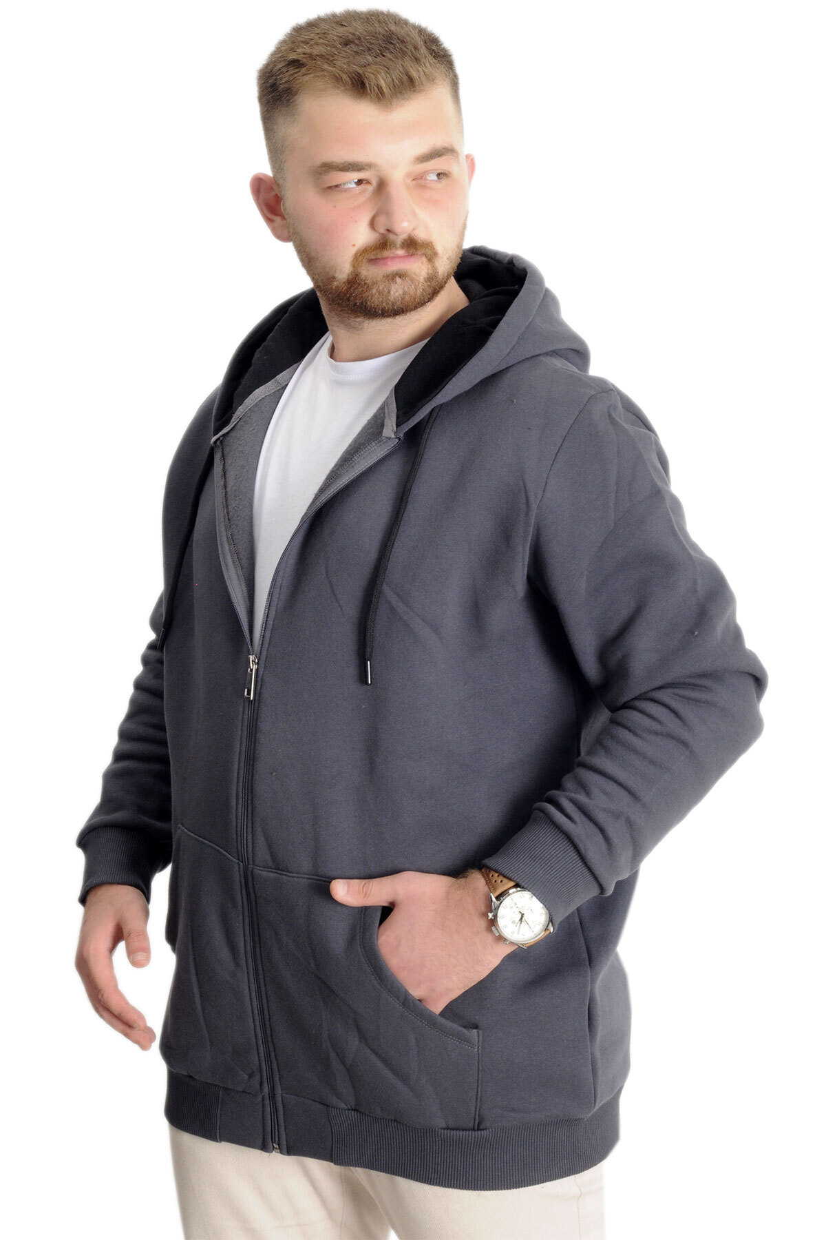 ModeXL Mode XL Büyük Beden Erkek Sweat Zippered Basic 20543 Füme görsel 2