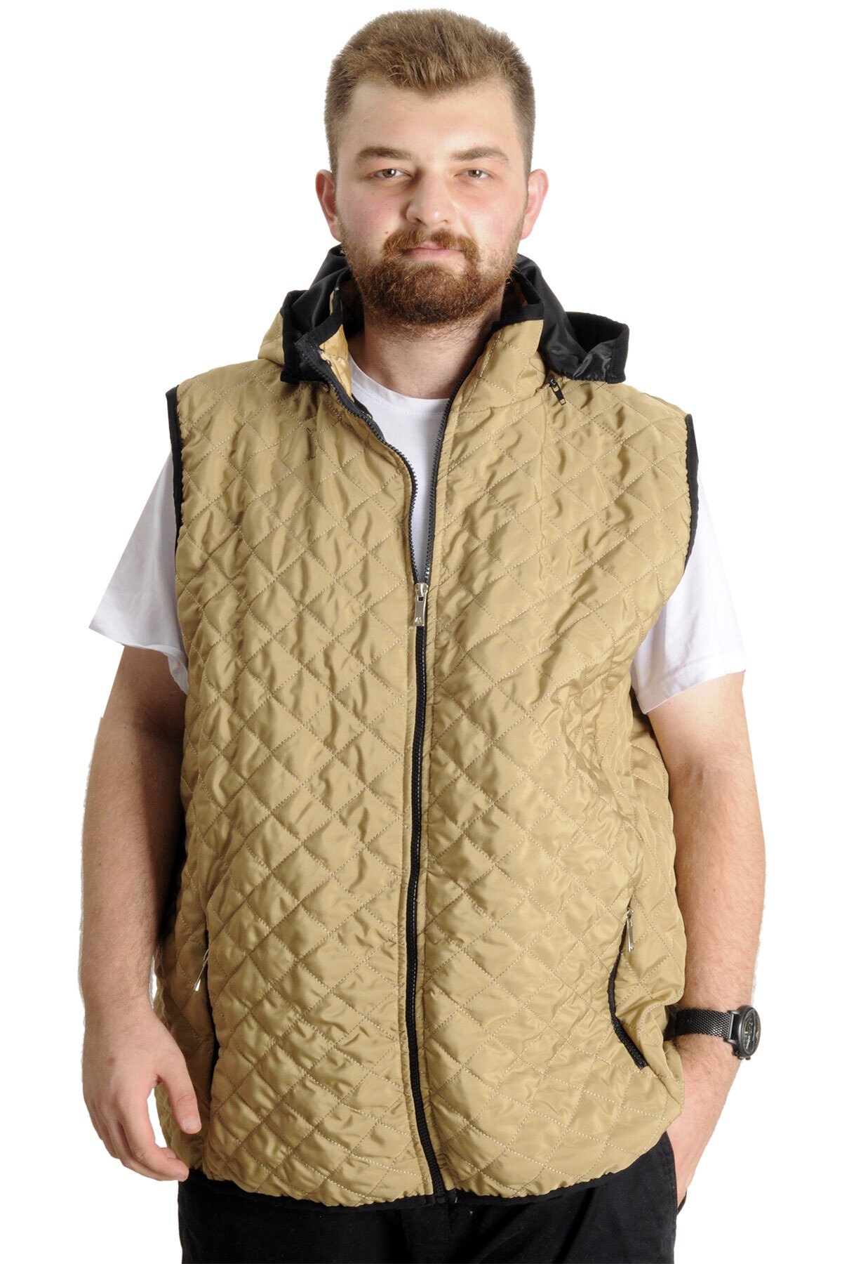 ModeXL Mode XL Büyük Beden Erkek Yelek Kapüşonlu Kapitone 23710 Sütlü Kahve