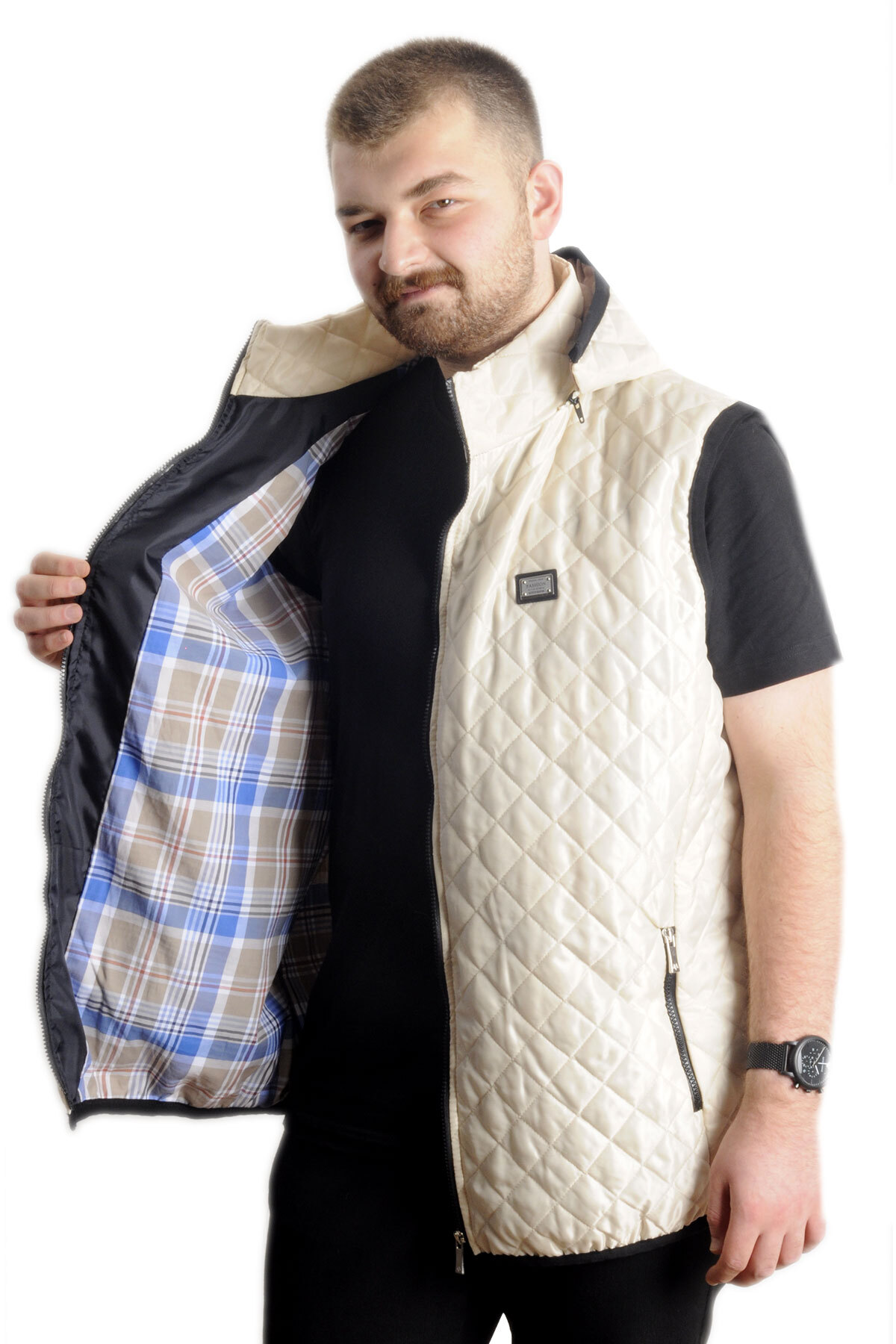 ModeXL Mode XL Büyük Beden Erkek Kapitone Yelek Kapüşonlu 23712 Bej görsel 5