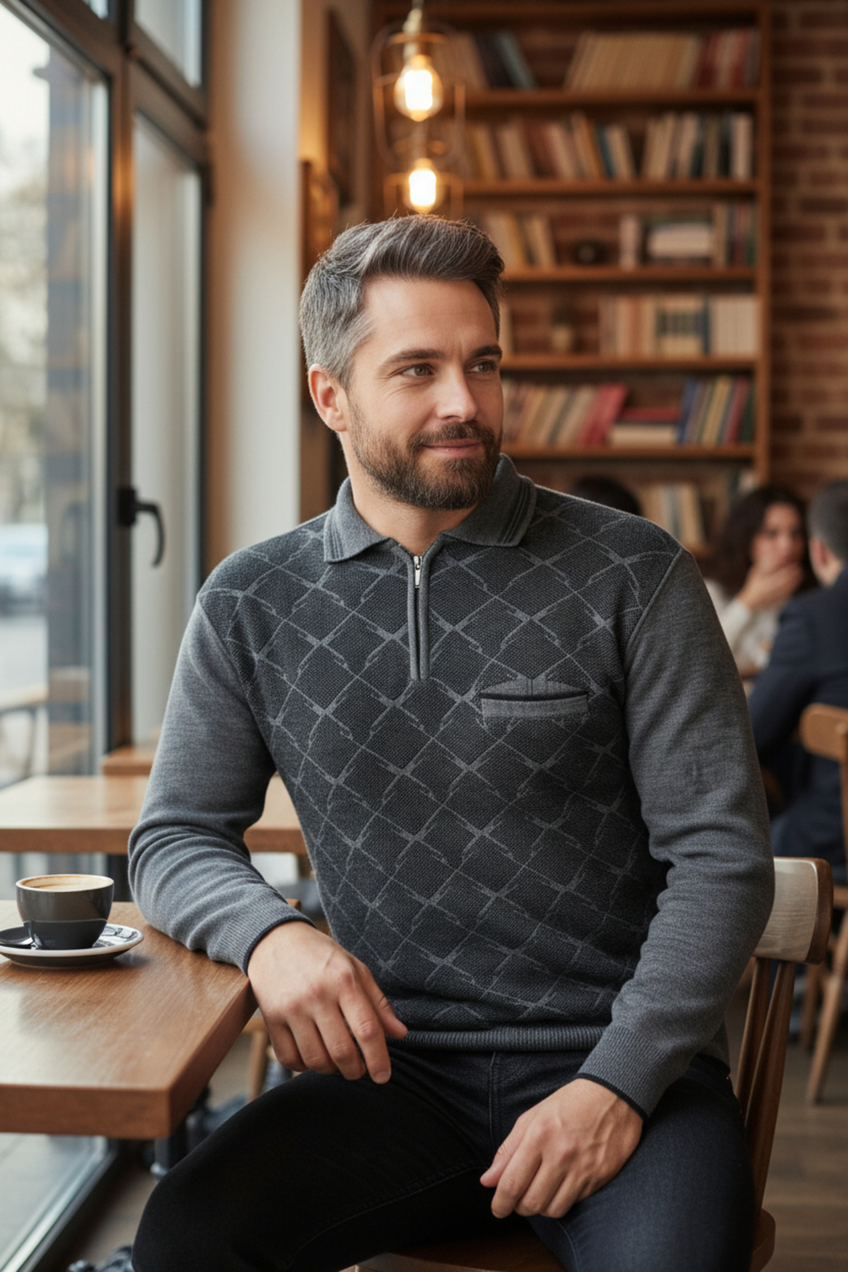 Kamalı  Erkek Gri Tüylenme Yapmayan Anti Pilling Özellikli Standart Fit Polo Yaka Cepli Triko Kazak