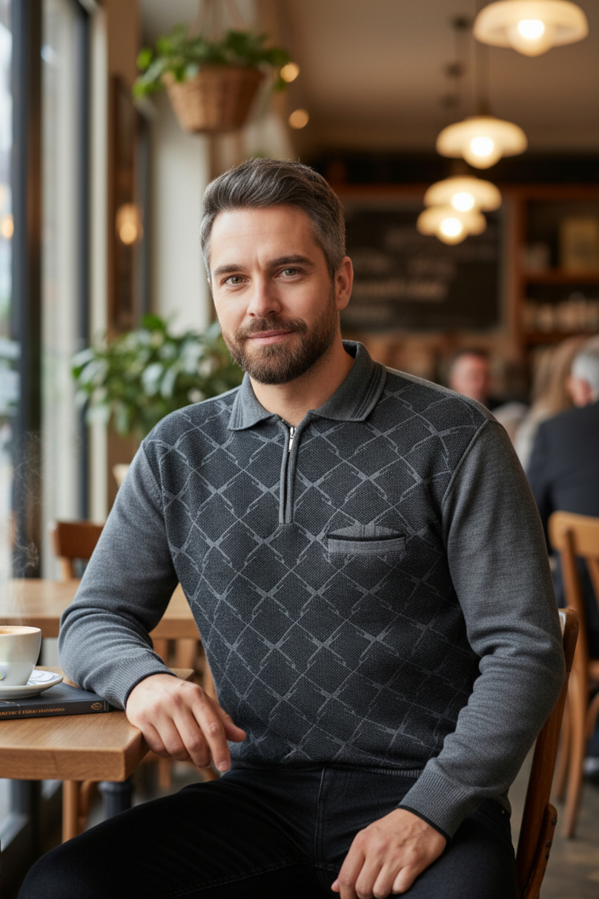 Kamalı  Erkek Gri Tüylenme Yapmayan Anti Pilling Özellikli Standart Fit Polo Yaka Cepli Triko Kazak - Görsel 5