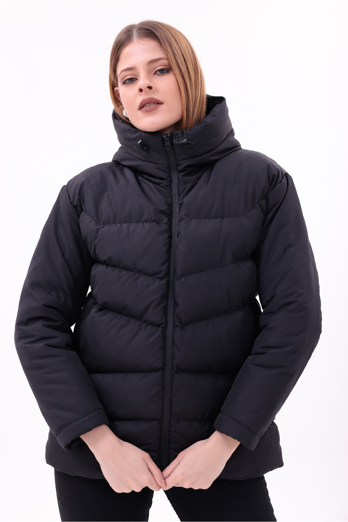 freemen Čierna dámska bunda Puffer – s kapucňou, fleecová, chlpatá, vodeodoln...