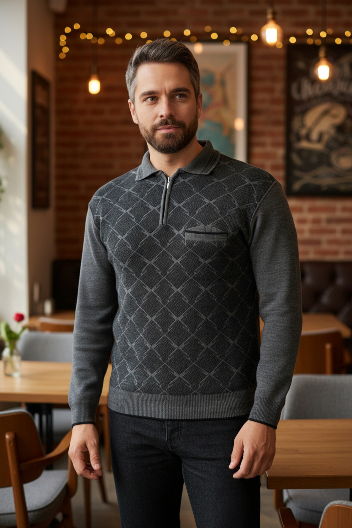 Kamalı  Erkek Gri Tüylenme Yapmayan Anti Pilling Özellikli Standart Fit Polo Yaka Cepli Triko Kazak - Görsel 4