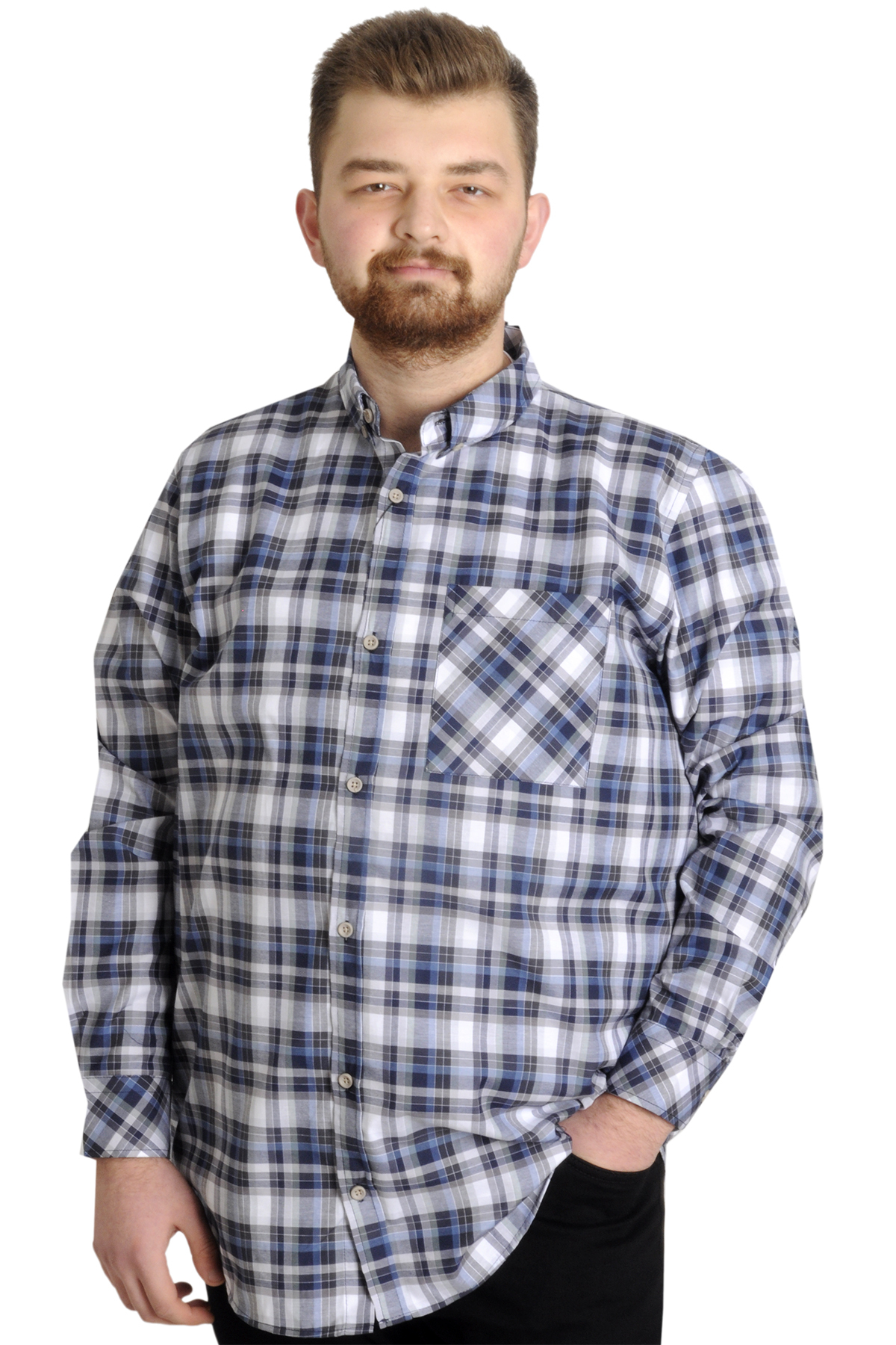 ModeXL Mode XL Büyük Beden Erkek Gömlek Ekose Uzun Kollu 23300 Gri