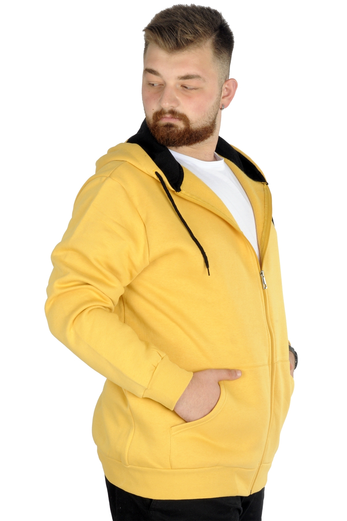 ModeXL Mode XL Erkek Sweatshirt Kapşonlu Zippered Basic 20543 Hardal görsel 3