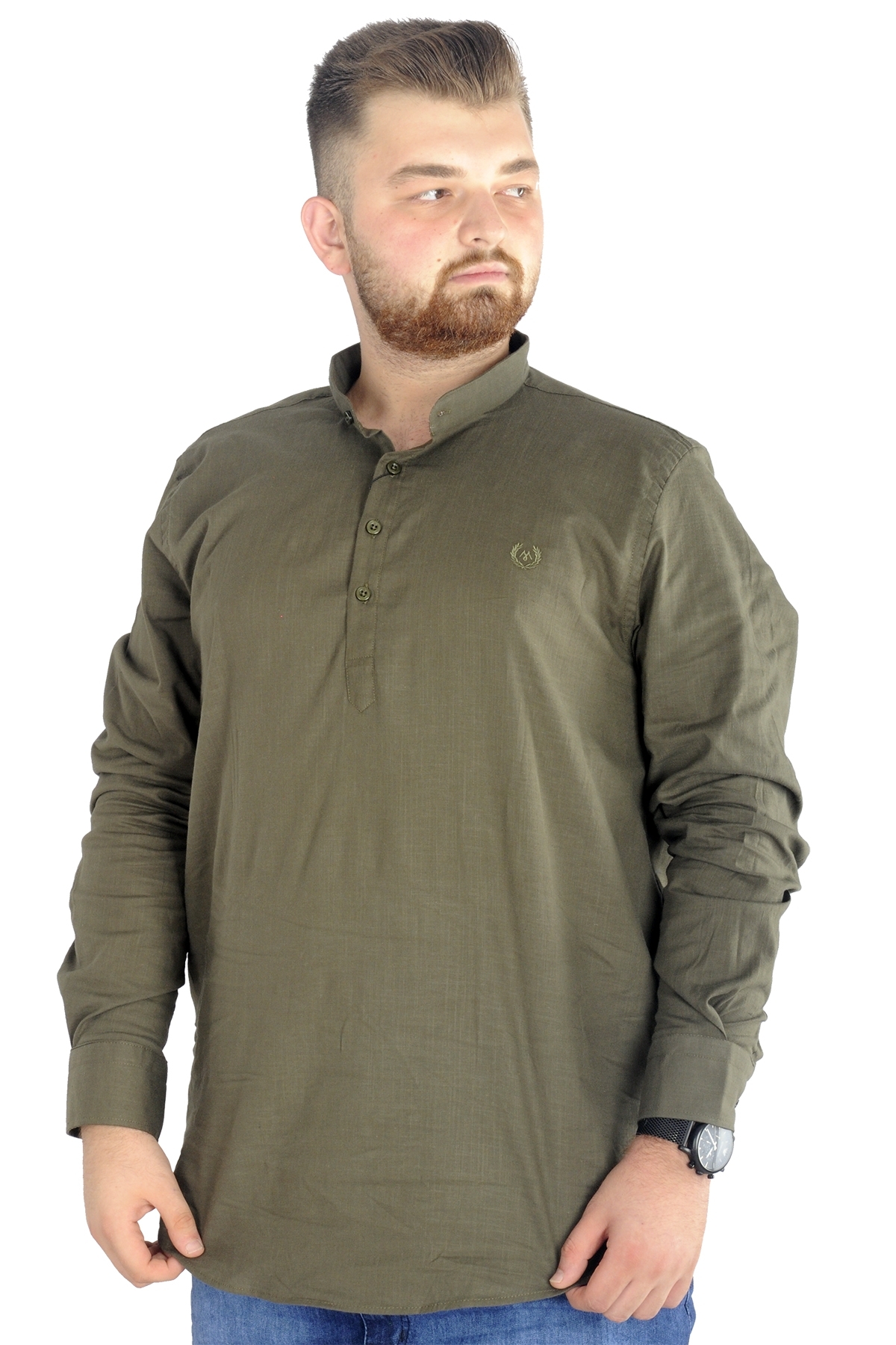ModeXL Mode XL Büyük Beden Erkek Keten Likralı UKol Hakim Yaka Gömlek 20388 Haki