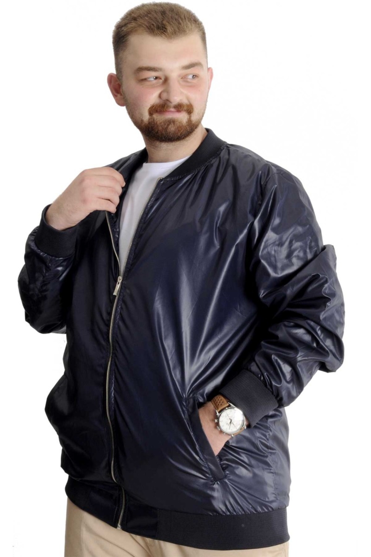 ModeXL Mode XL Büyük Beden Erkek YAZLIK INCE Kolej Mont Fermuarlı Jesica 22612 Lacivert görsel 3