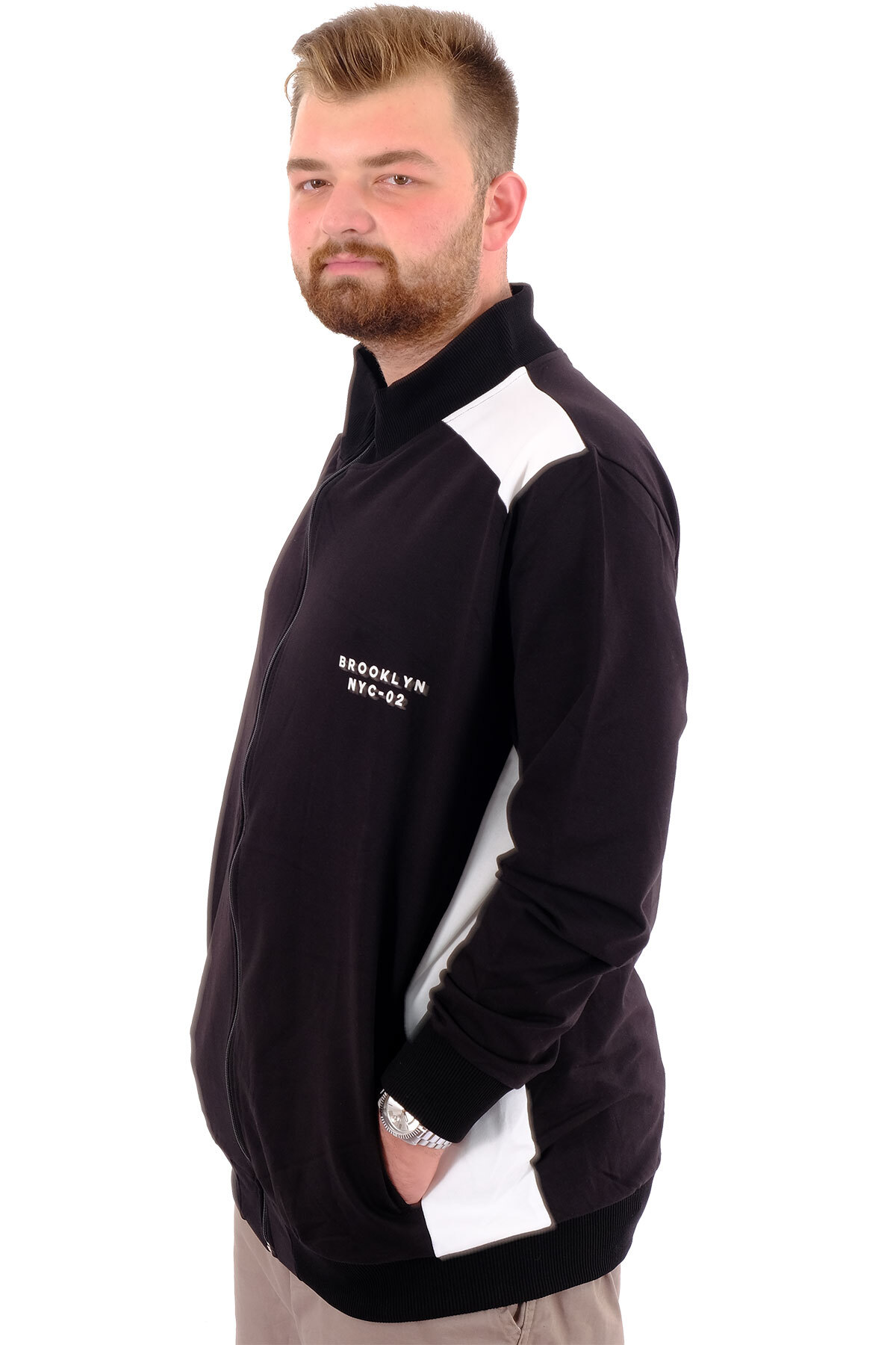 ModeXL Mode XL Büyük Beden Erkek Eşofman Üstü Dik Yaka Fermuarlı BROOKLYN U24522 Siyah-Ekru görsel 2