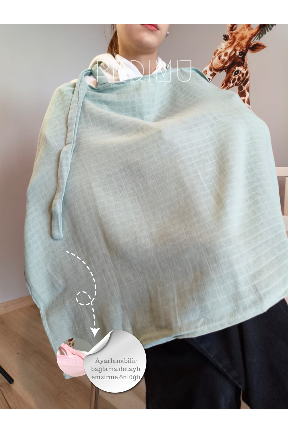 Pedimu Müslin Emzirme Önlüğü 60x100 cm – %100 Pamuk, Nefes Alabilen, Ayarlanabilir, - Nil Yeşili Renk fotoğrafı 3 (önizleme)