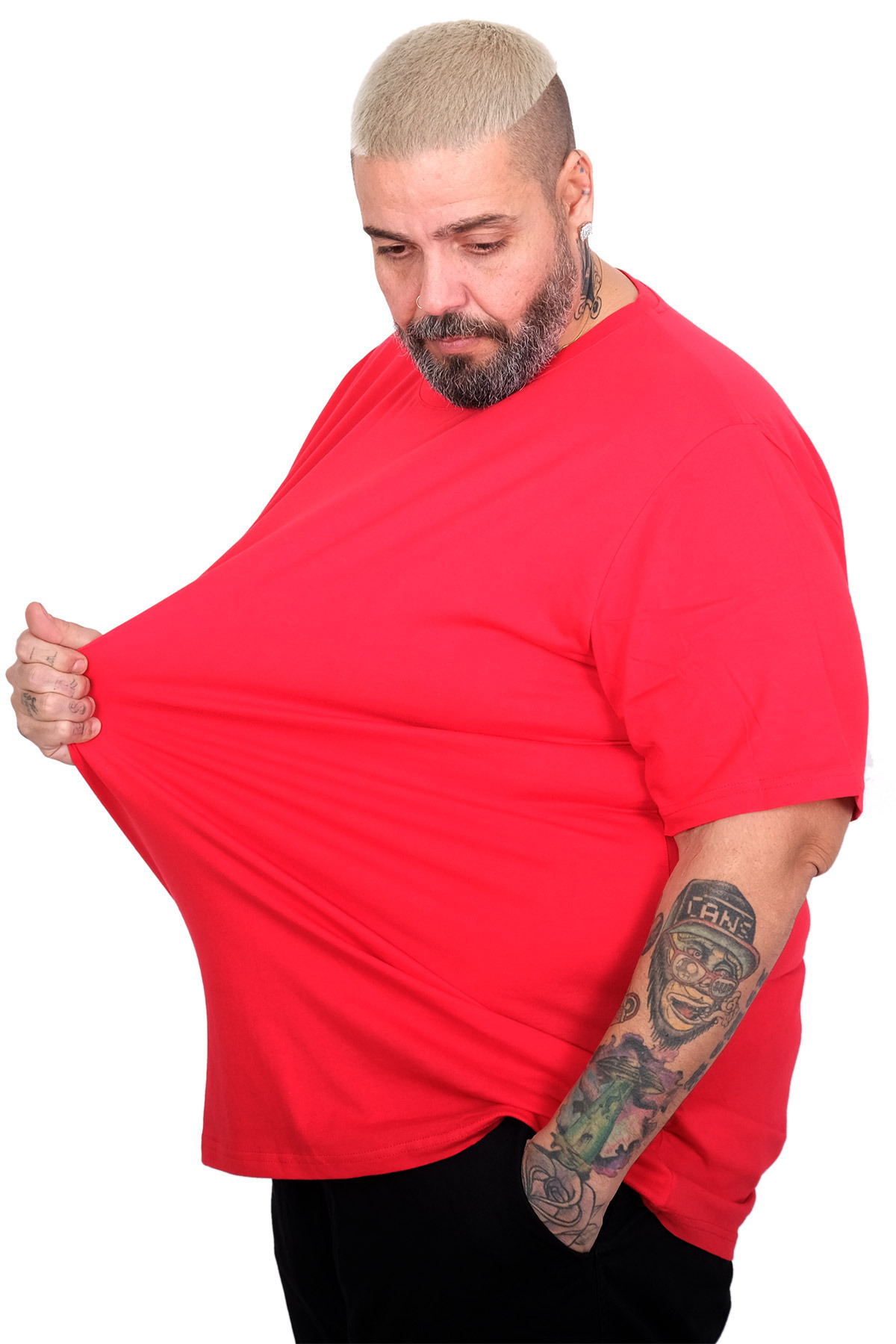 ModeXL Büyük Beden Erkek Bisiklet Yaka Basic T-Shirt %100 Pamuk 20031 KIRMIZI görsel 2