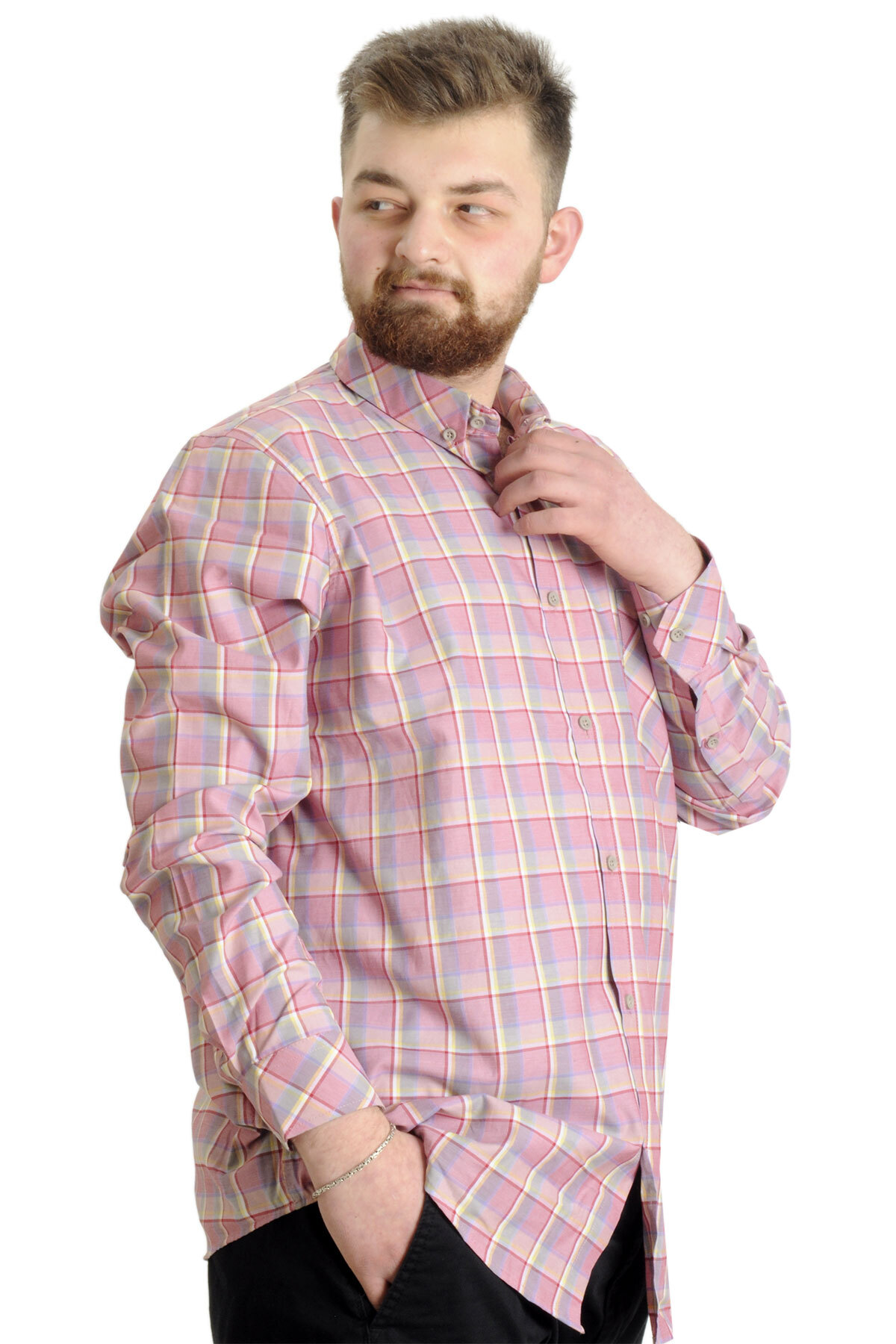 ModeXL Mode XL Büyük Beden Erkek Gömlek Ekose Uzun Kollu 23300 Koyu Bordo görsel 3