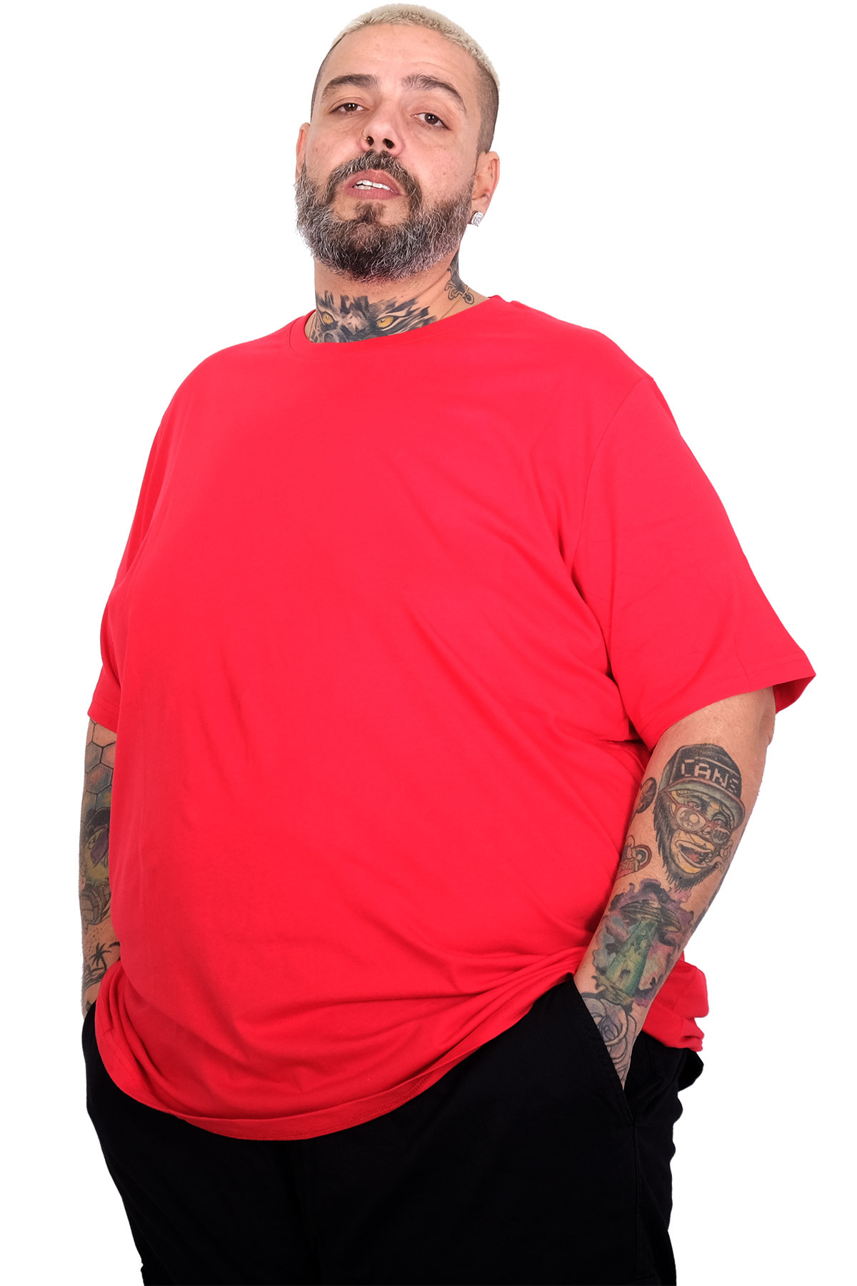 ModeXL Büyük Beden Erkek Bisiklet Yaka Basic T-Shirt %100 Pamuk 20031 KIRMIZI görsel 3