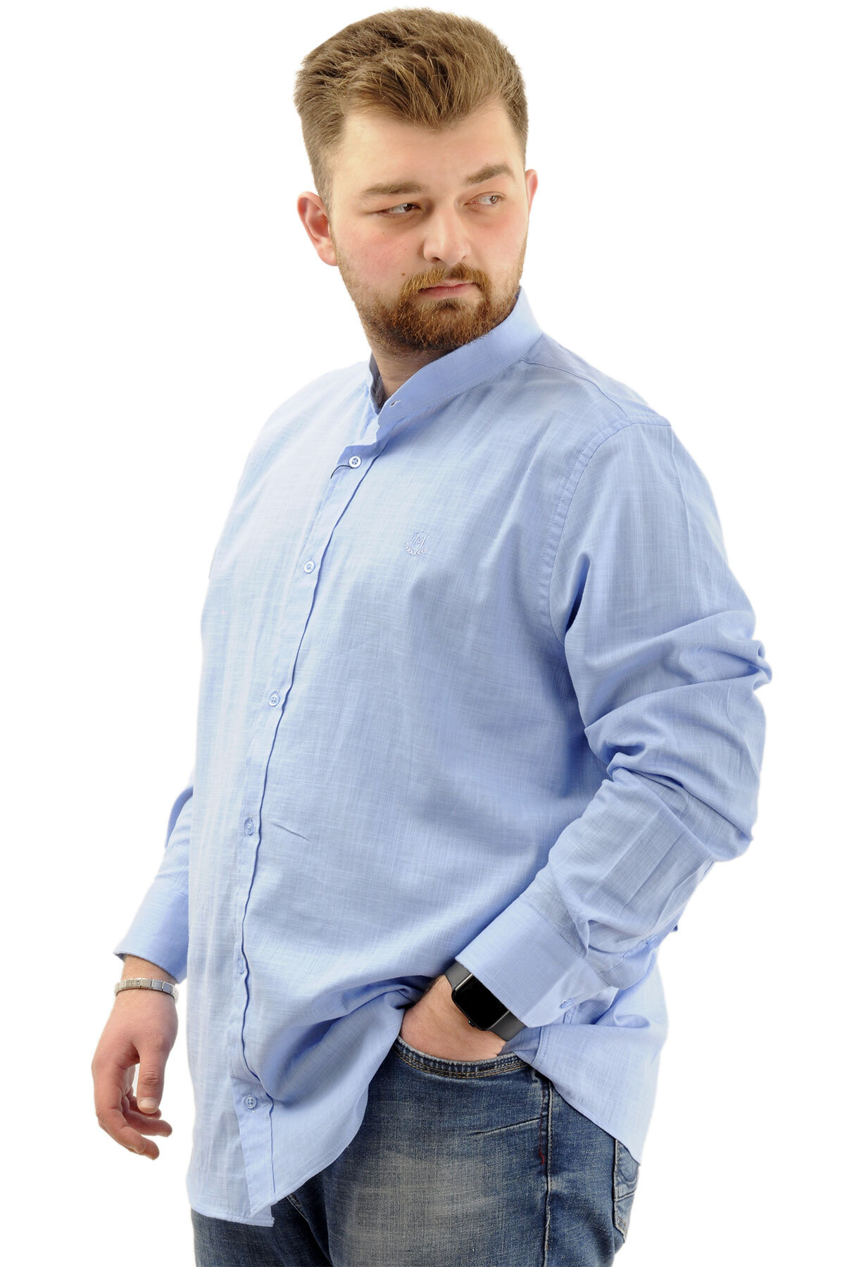 ModeXL Mode XL Büyük Beden Erkek Gömlek Uzun Kol Likralı Keten Gömlek U20385 Mavi görsel 2