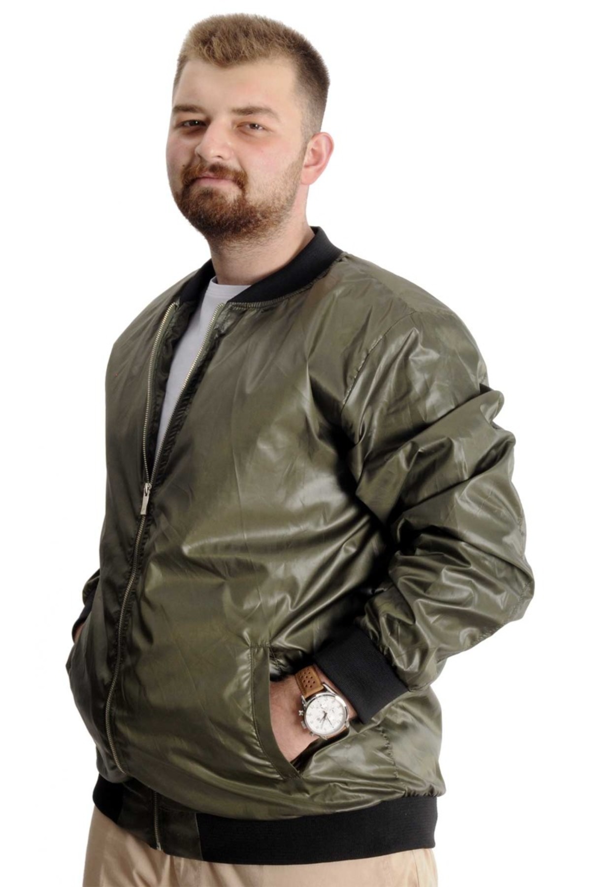 ModeXL Mode XL Büyük Beden Erkek YAZLIK INCE Kolej Mont Fermuarlı Jesica 22612 Haki görsel 2