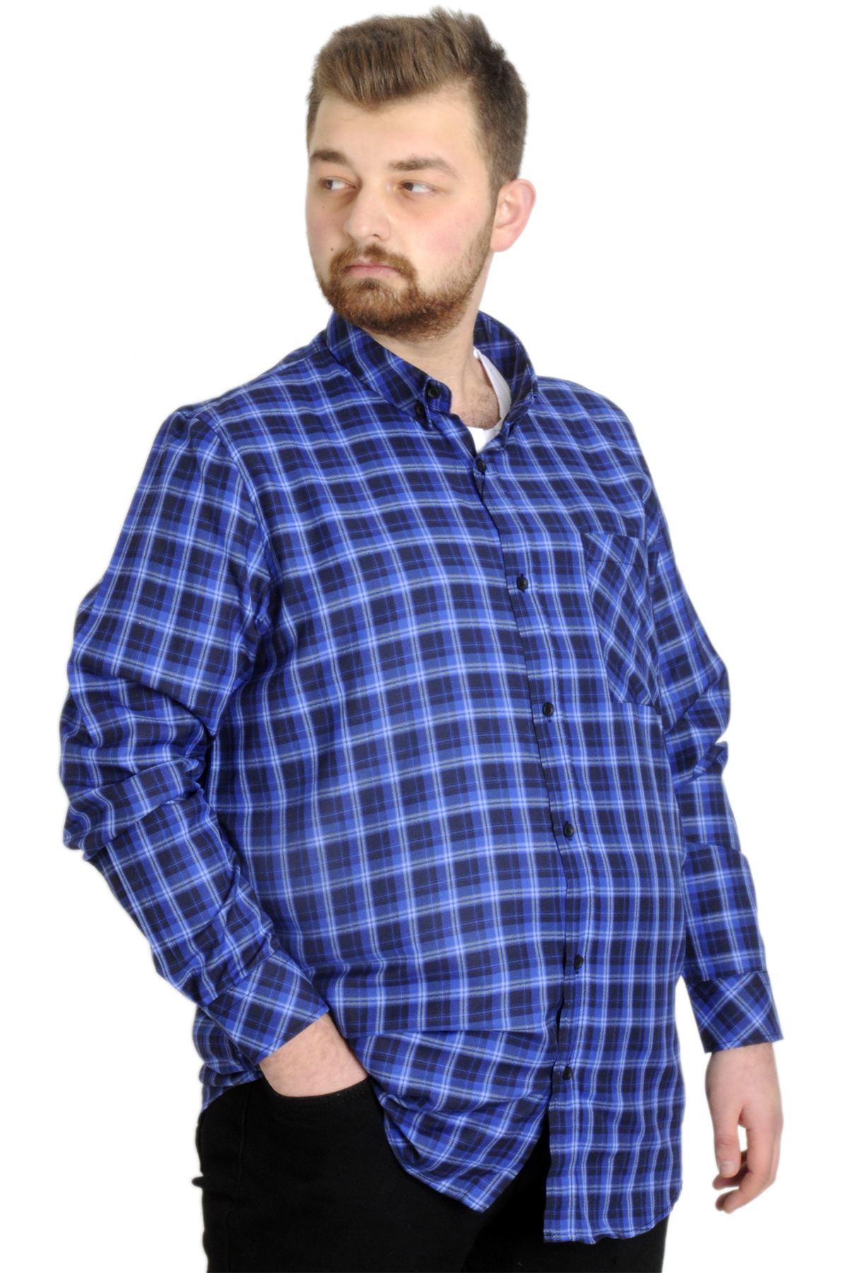 ModeXL Mode XL Büyük Beden Erkek Gömlek Ekose Uzun Kollu 23300 İndigo görsel 3