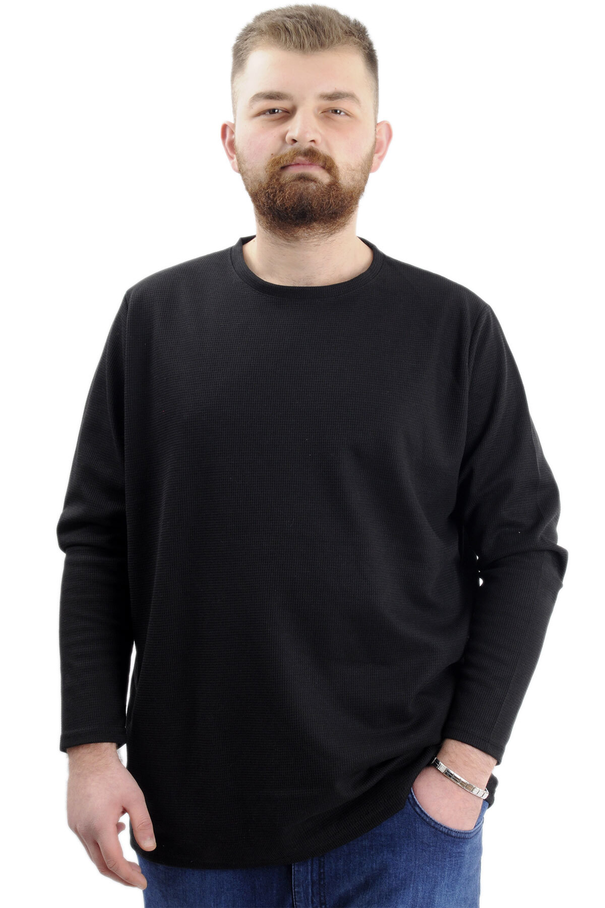 ModeXL Mode XL Büyük Beden Erkek Sweatshirt Bisiklet Yaka Uzun Kol WAFFLE 23460 Siyah