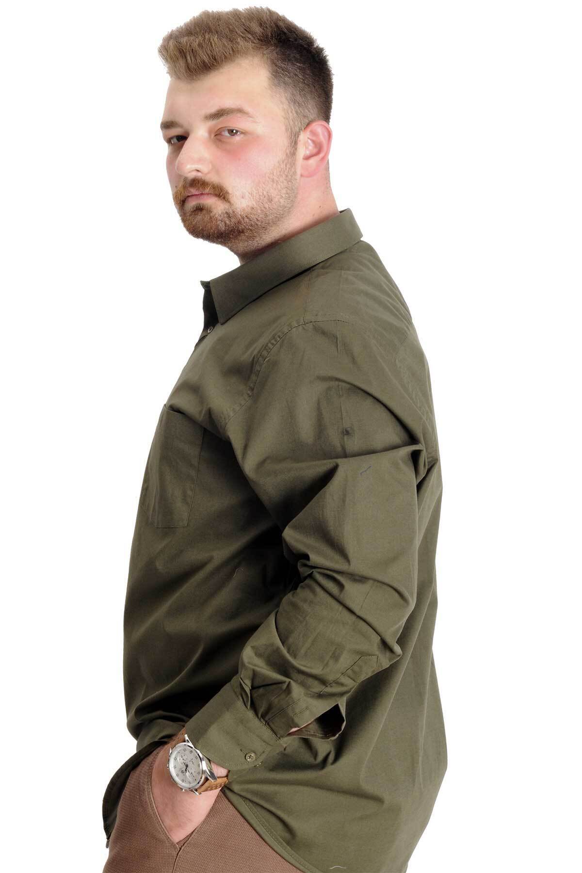 ModeXL Mode XL Büyük Beden Gömlek Ukol Cep Lycra Poplin 20350 Haki görsel 4