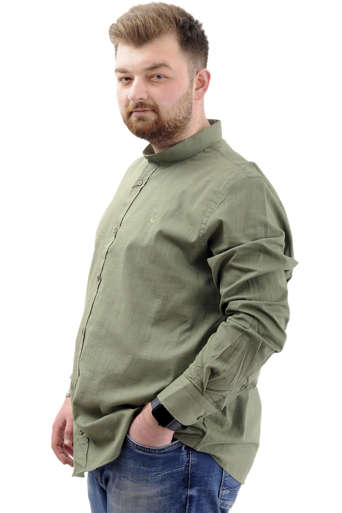 ModeXL Mode XL Büyük Beden Erkek Gömlek Uzun Kol Likralı Keten Gömlek U20385 Haki görsel 3