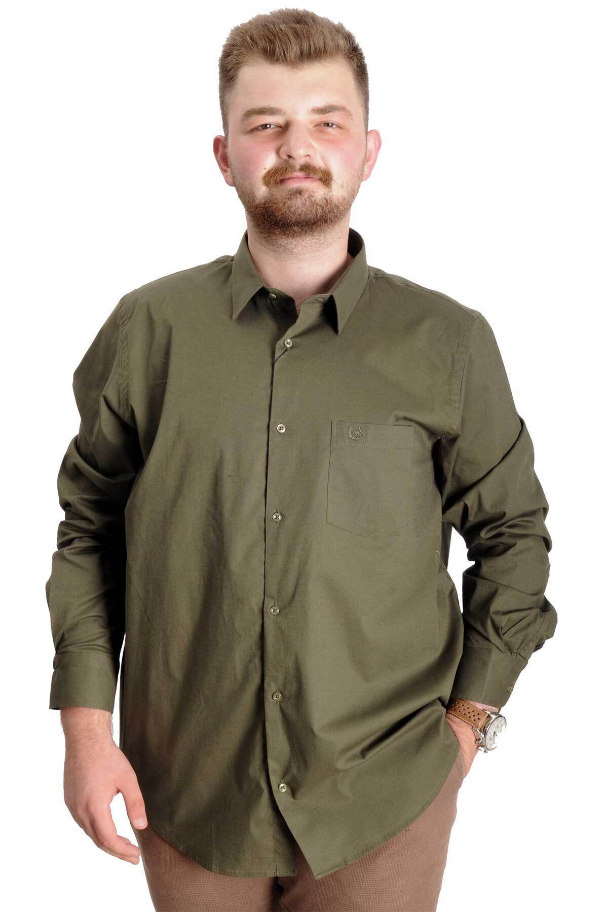 ModeXL Mode XL Büyük Beden Gömlek Ukol Cep Lycra Poplin 20350 Haki