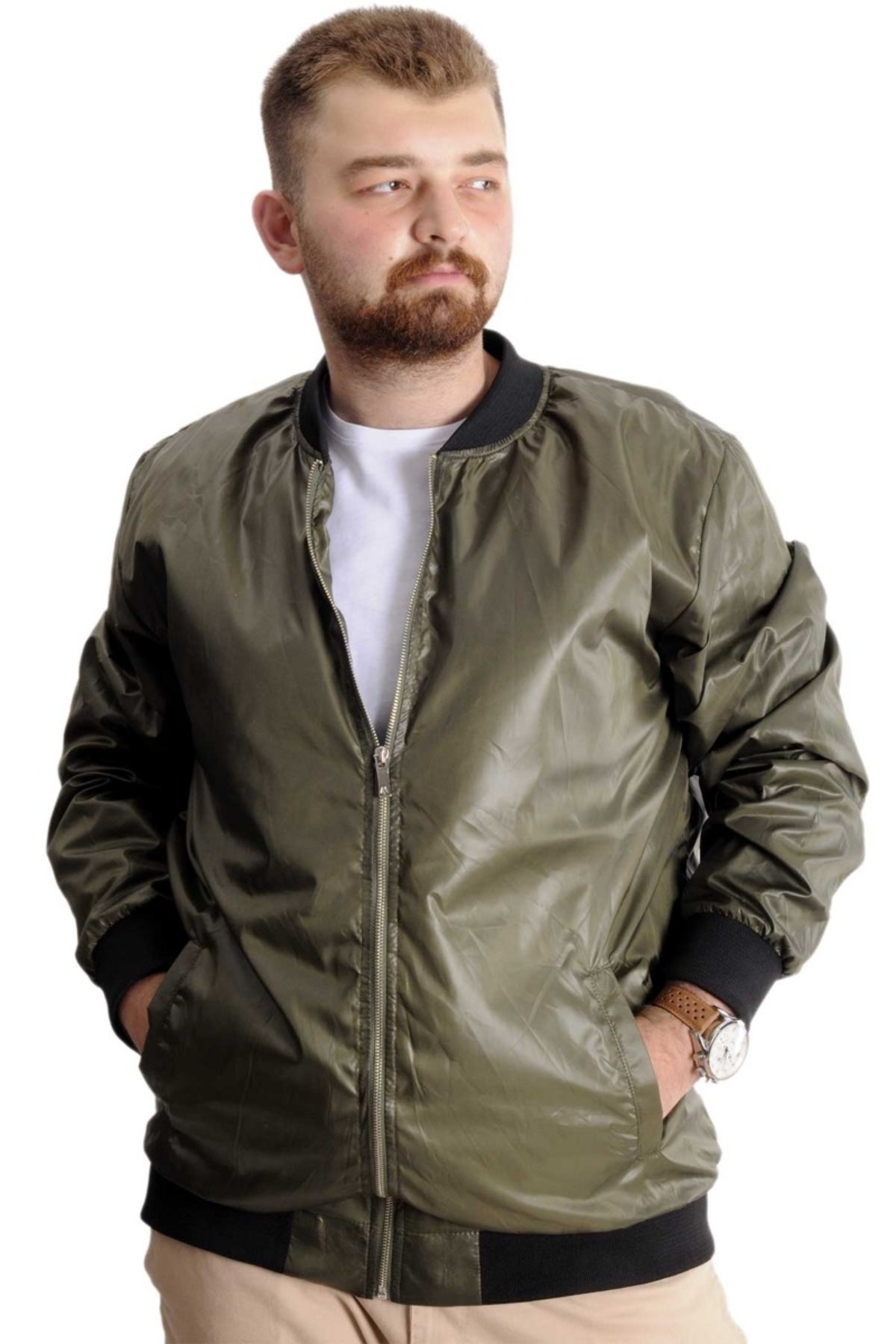 ModeXL Mode XL Büyük Beden Erkek YAZLIK INCE Kolej Mont Fermuarlı Jesica 22612 Haki