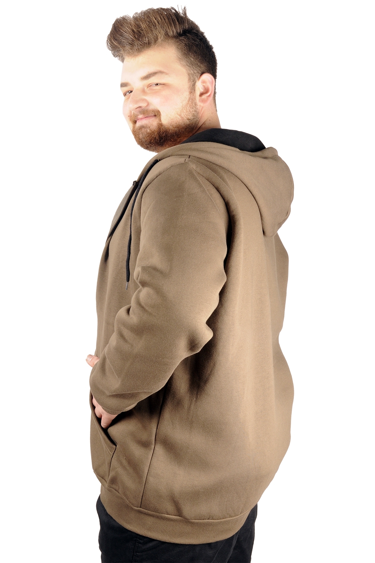 ModeXL Mode XL Erkek Sweatshirt Kapşonlu Zippered Basic 20543 Haki görsel 4