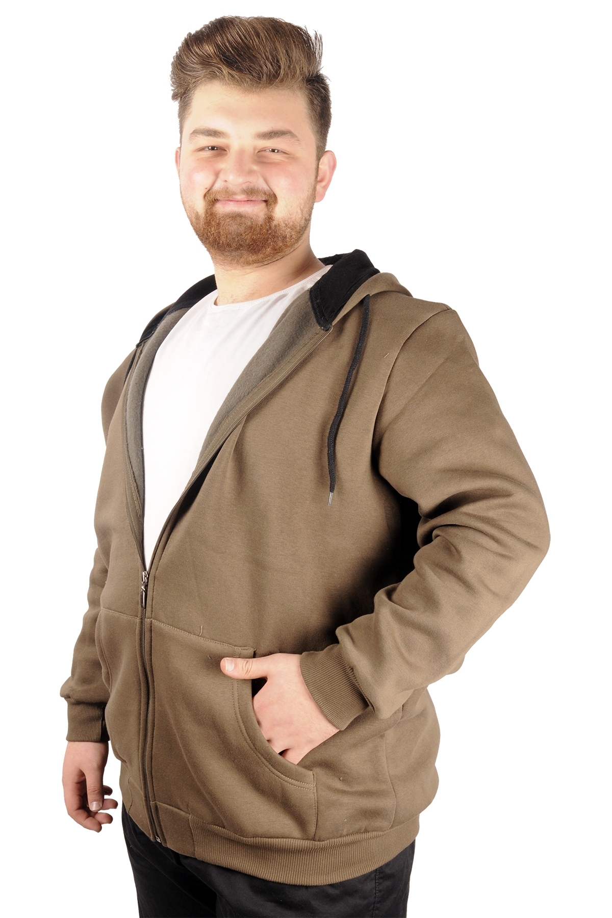 ModeXL Mode XL Erkek Sweatshirt Kapşonlu Zippered Basic 20543 Haki