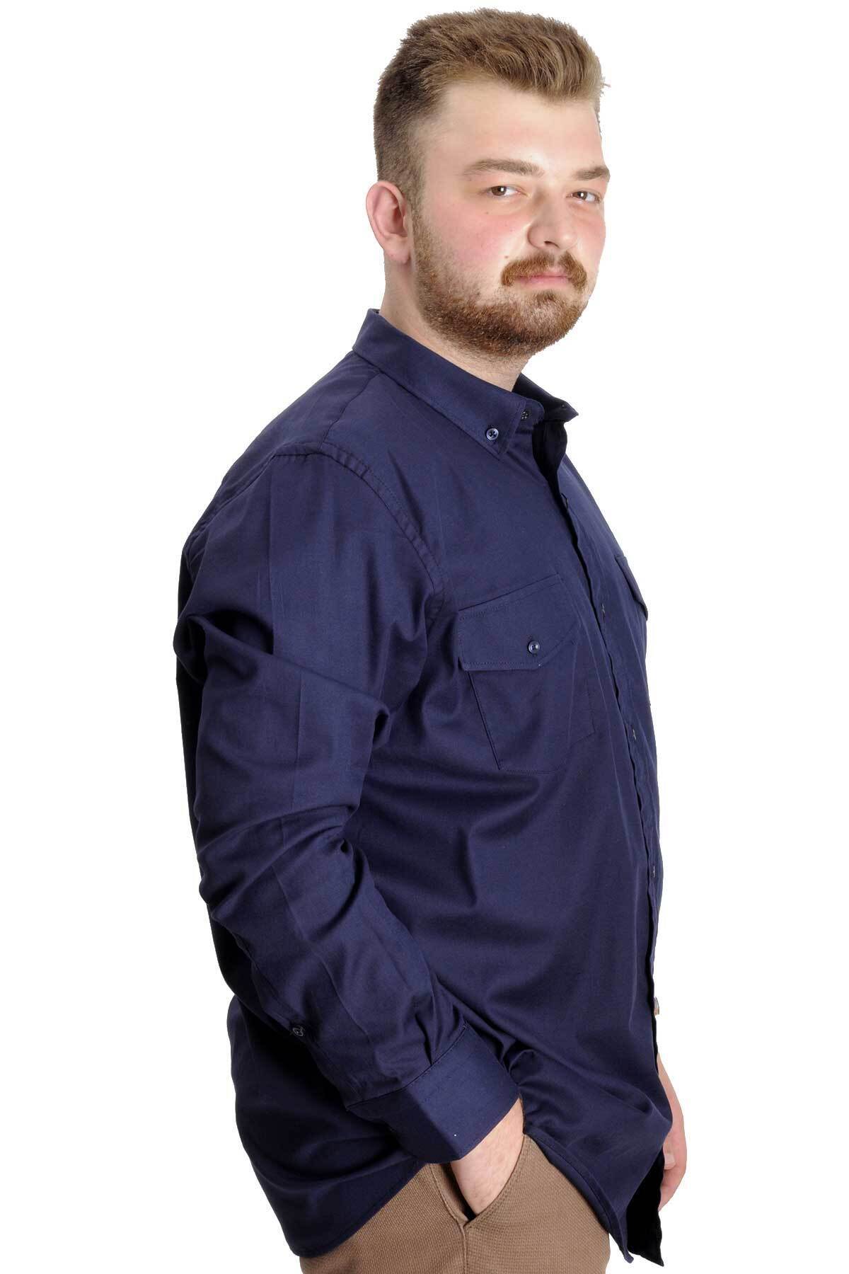 ModeXL Mode XL Büyük Beden Gömlek Gabardin Çift Cep Kapaklı 20360 Lacivert görsel 3