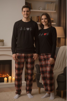 YHGTEKSTİL Çiftlere Özel 2 li Kombin Kalp Atışı Pijama Takımı kadın ve erkek