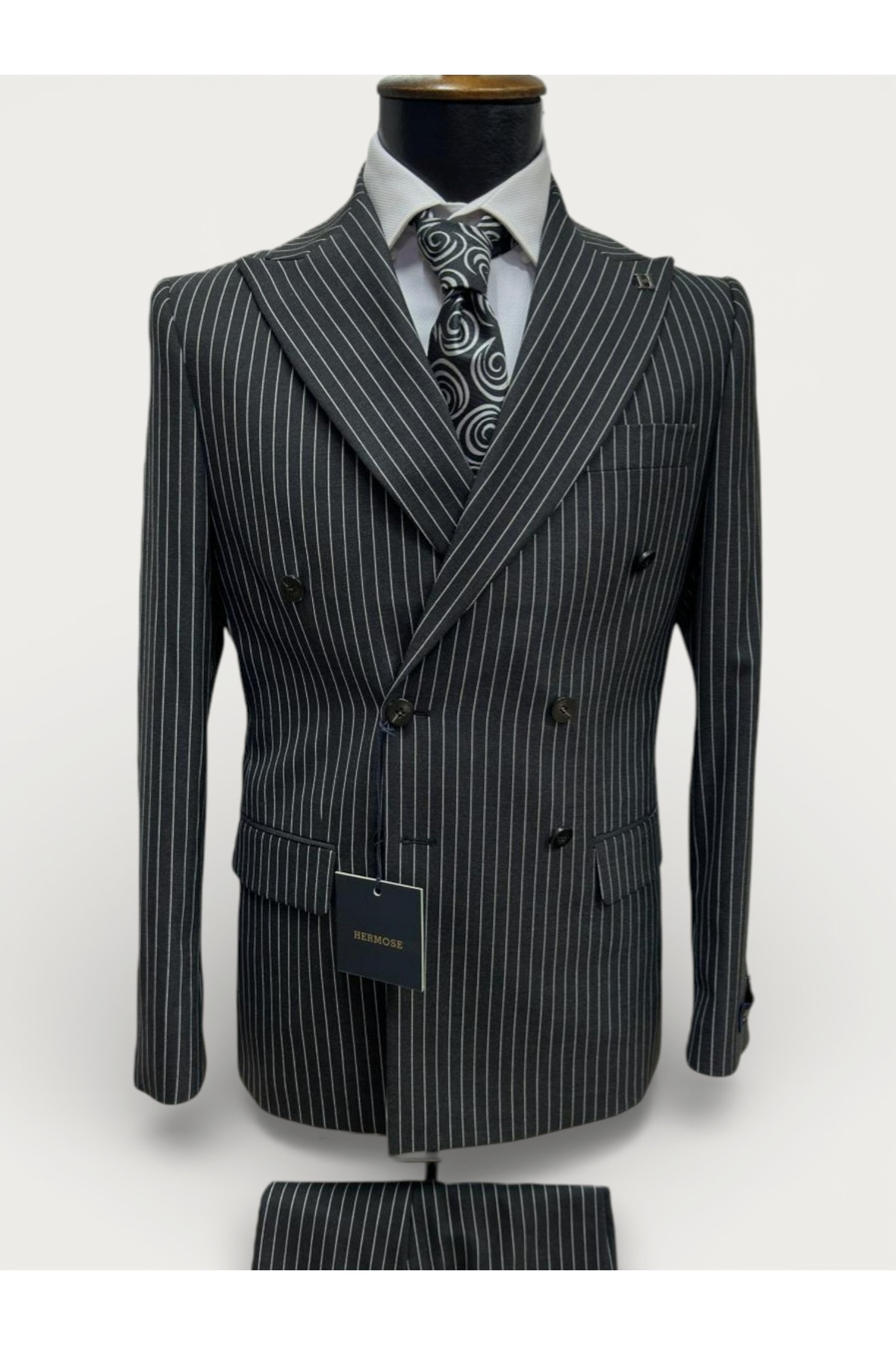 Sartorial | Onyx Siyah Kruvaze Çizgili Takım Elbise — مشکی 1986-3 CP — تصویر 5 از 8