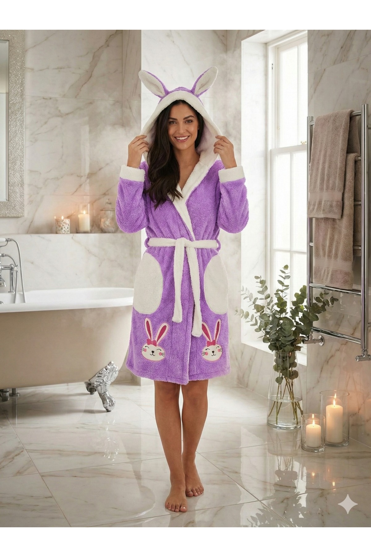 WELSOFT RABBIT EMBROIDERED ROBE WITH HOOD