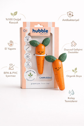 Hubble Bebek Diş Kaşıyıcı Ve Oyuncak - Havuç Şekilli Dişlik (%100 DOĞAL KAUÇUK)