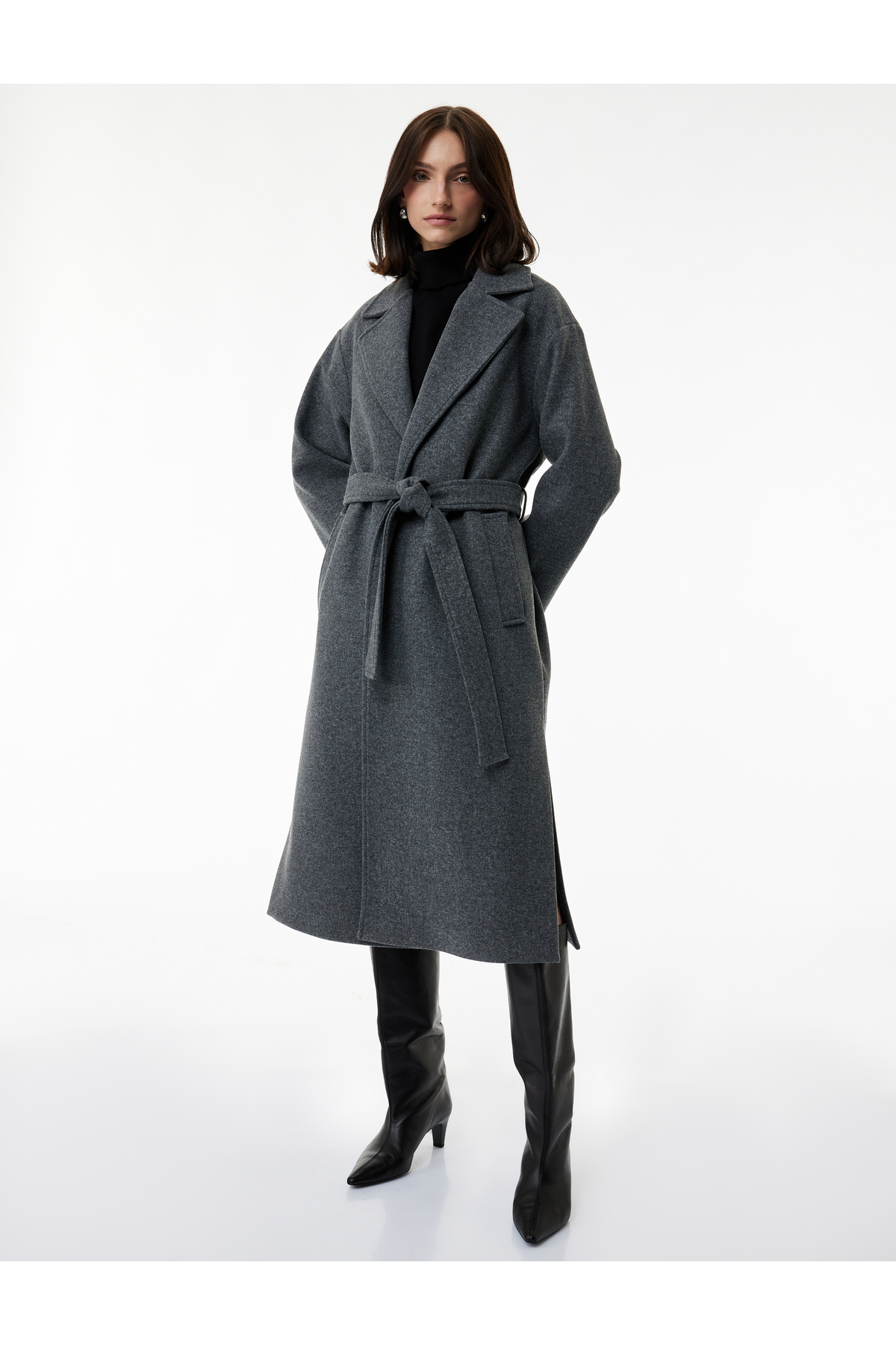 Koton  Kemerli Kaban Kaşe Uzun Kollu Cepli - Görsel 2