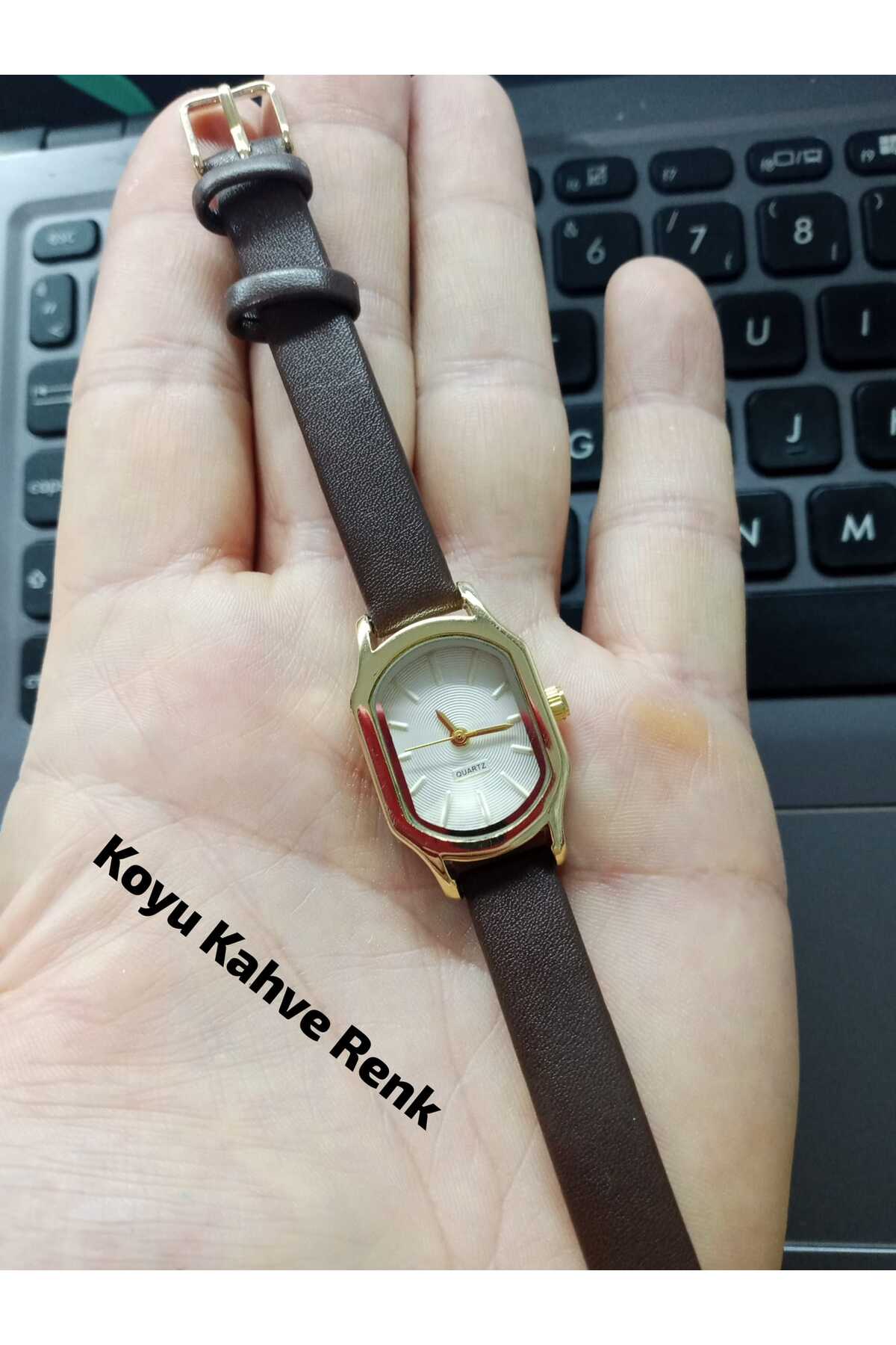 Minimal Retro Dark Brown Color Band Women Wrist Watch Gold Color Case