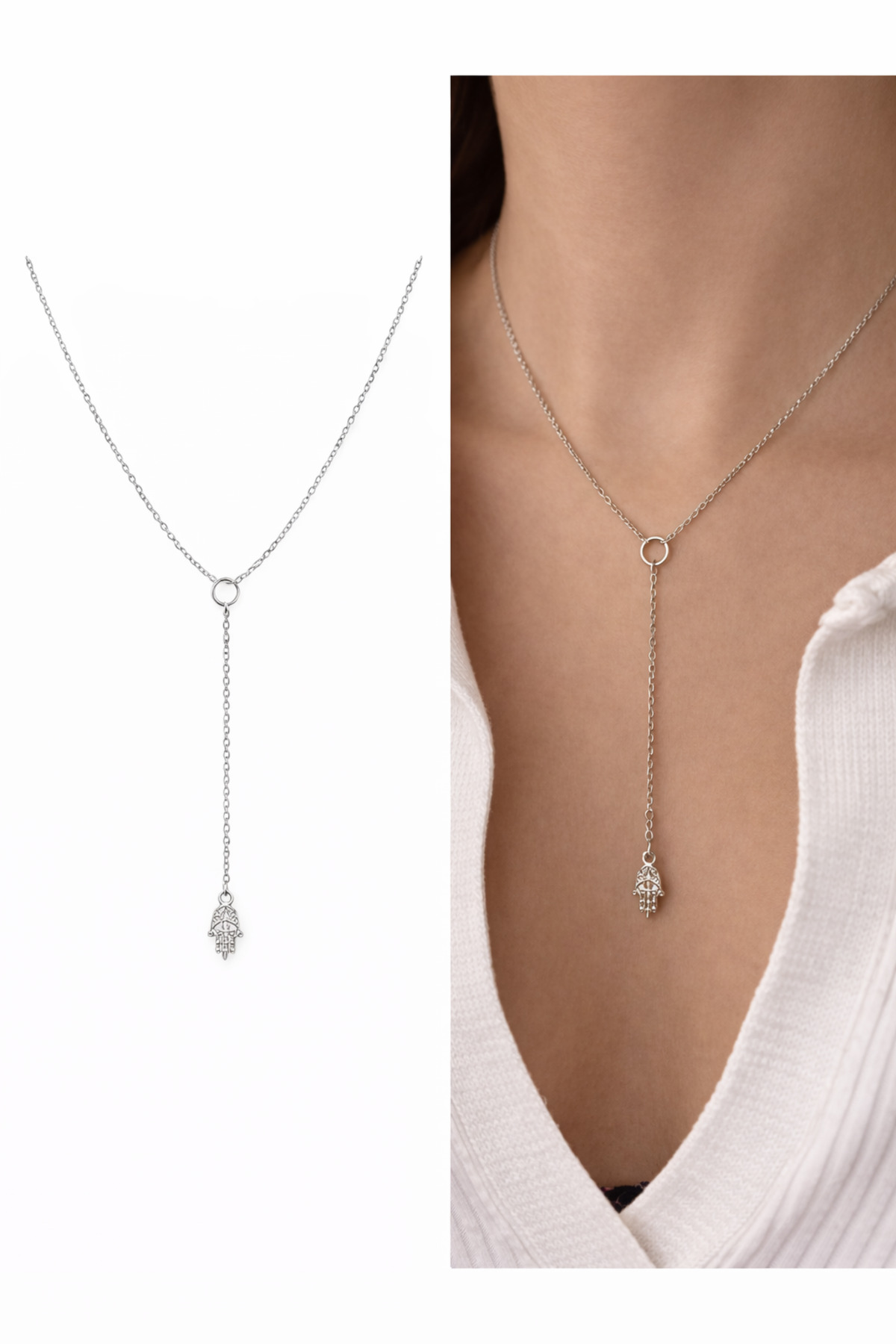 Gümüş Hamsa Charm Dekolte Y Çelik Kadın Kolye (45 cm) – Sevgililer Günü Özel - Detay Görseli 4