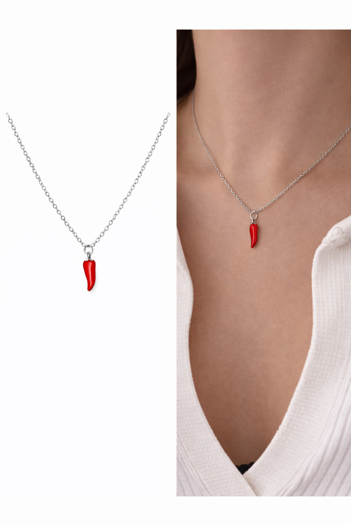 Kırmızı Biber Charm Çelik Zincirli Kadın Kolye (45 cm) – Sevgililer Günü Özel