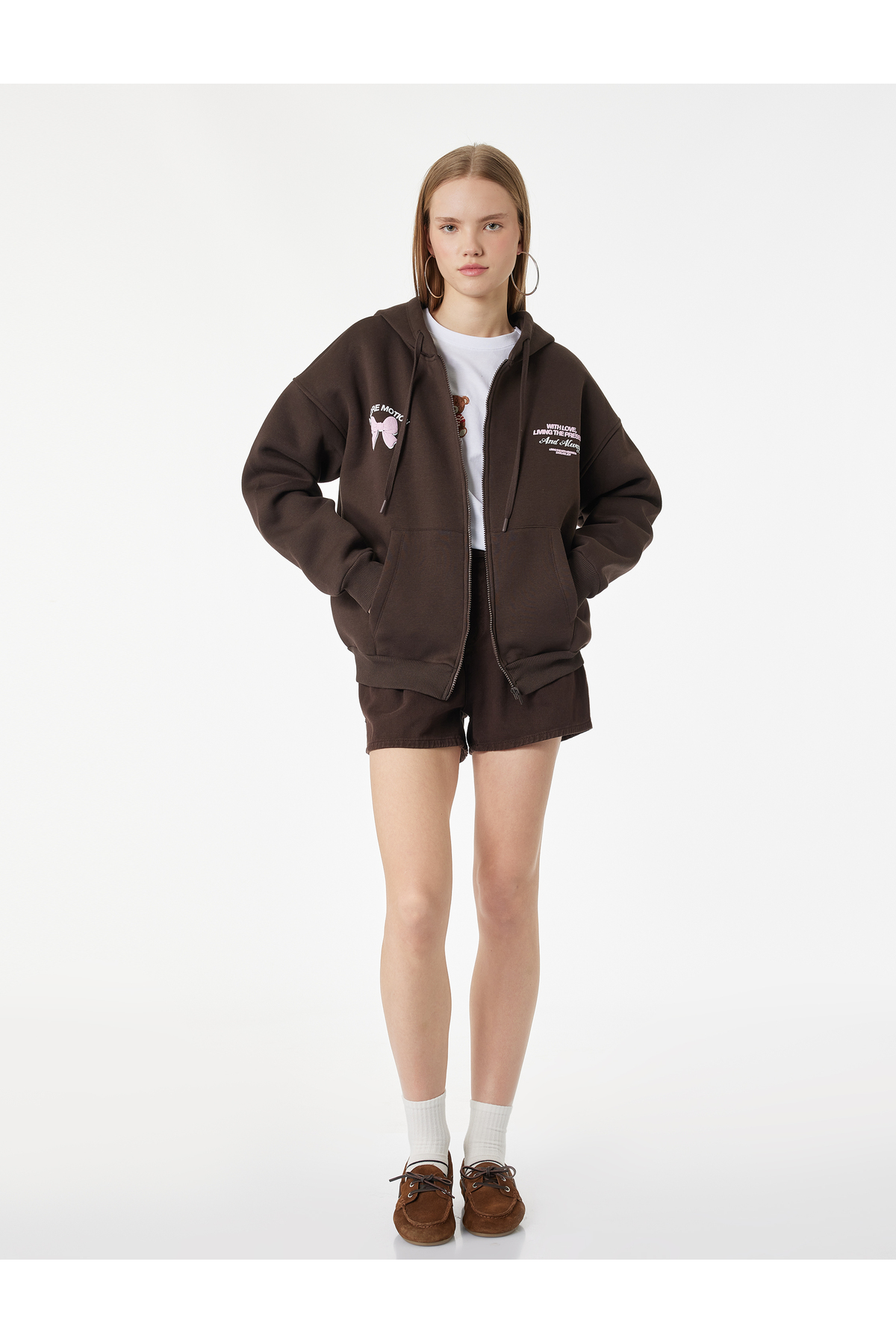 Koton  Arkası Baskılı Kapüşonlu Fermuarlı Cepli Oversize Sweatshirt