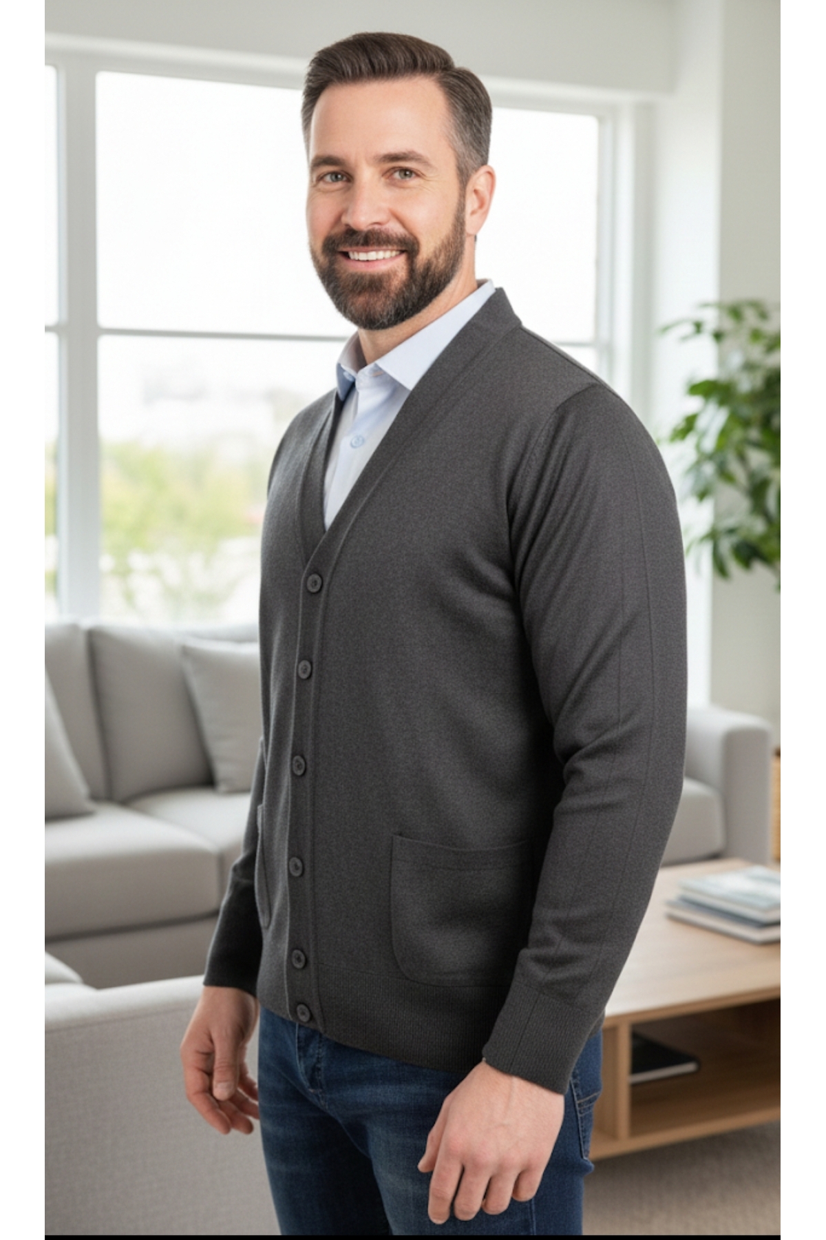 Genel Markalar  Ince Yün Düğmeli Cepli Triko Erkek Hırka - Görsel 2