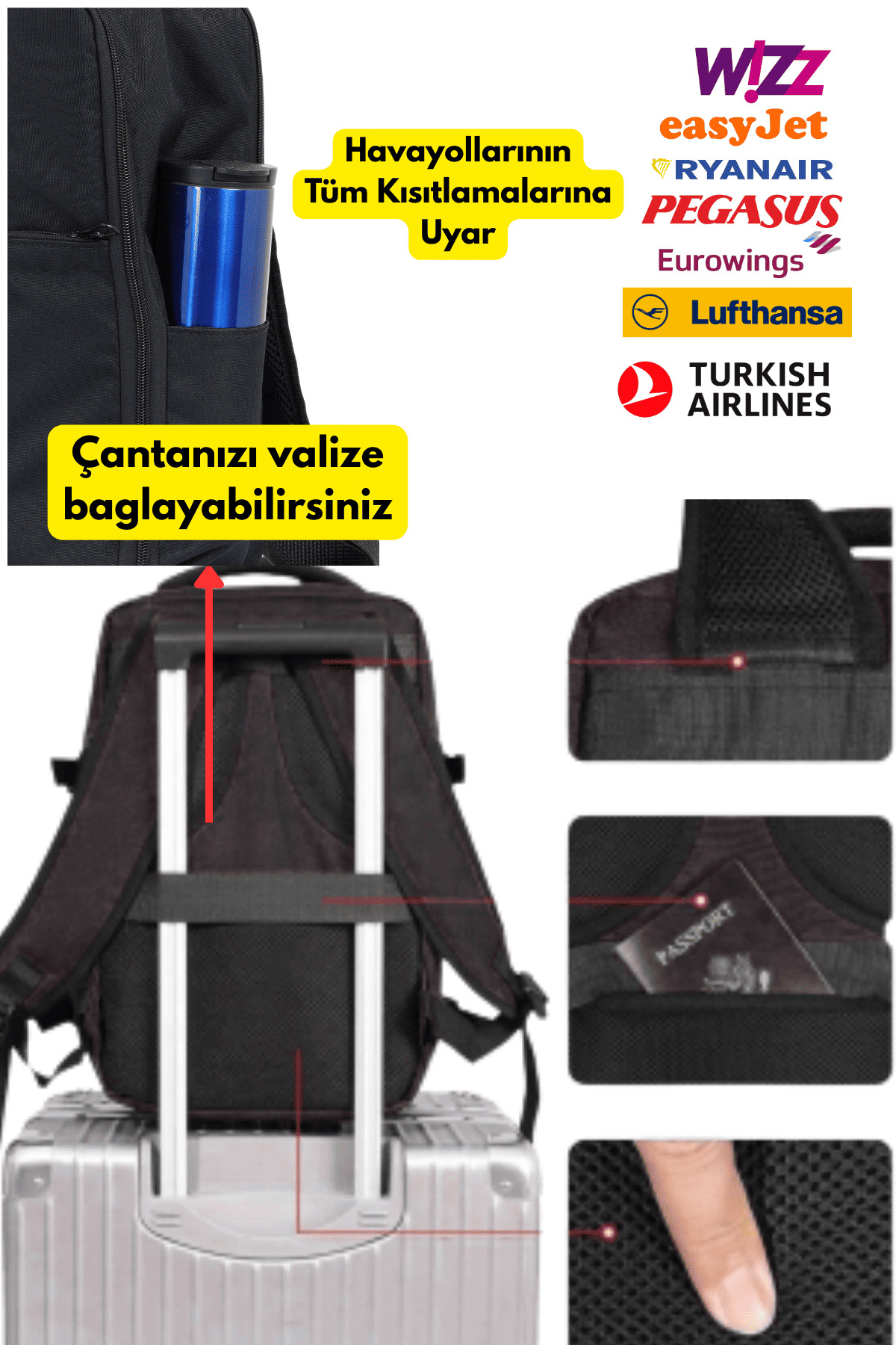 Jet Turtle  Seyahat Sırt Çantası 40cm 40x30x20 cm Pegasus, Wizz Air, Ryanair, El Valizi Koltuk Altı Valizi - Görsel 3