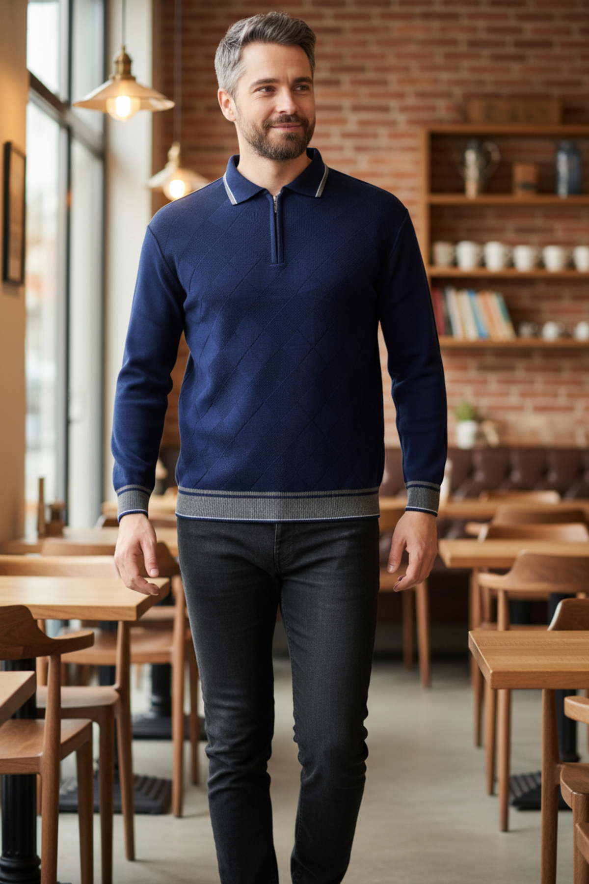 Kamalı  Erkek Lacivert Tüylenme Yapmayan Anti-pilling Standart Fit Normal Kesim Polo Yaka Triko Kazak - Görsel 6