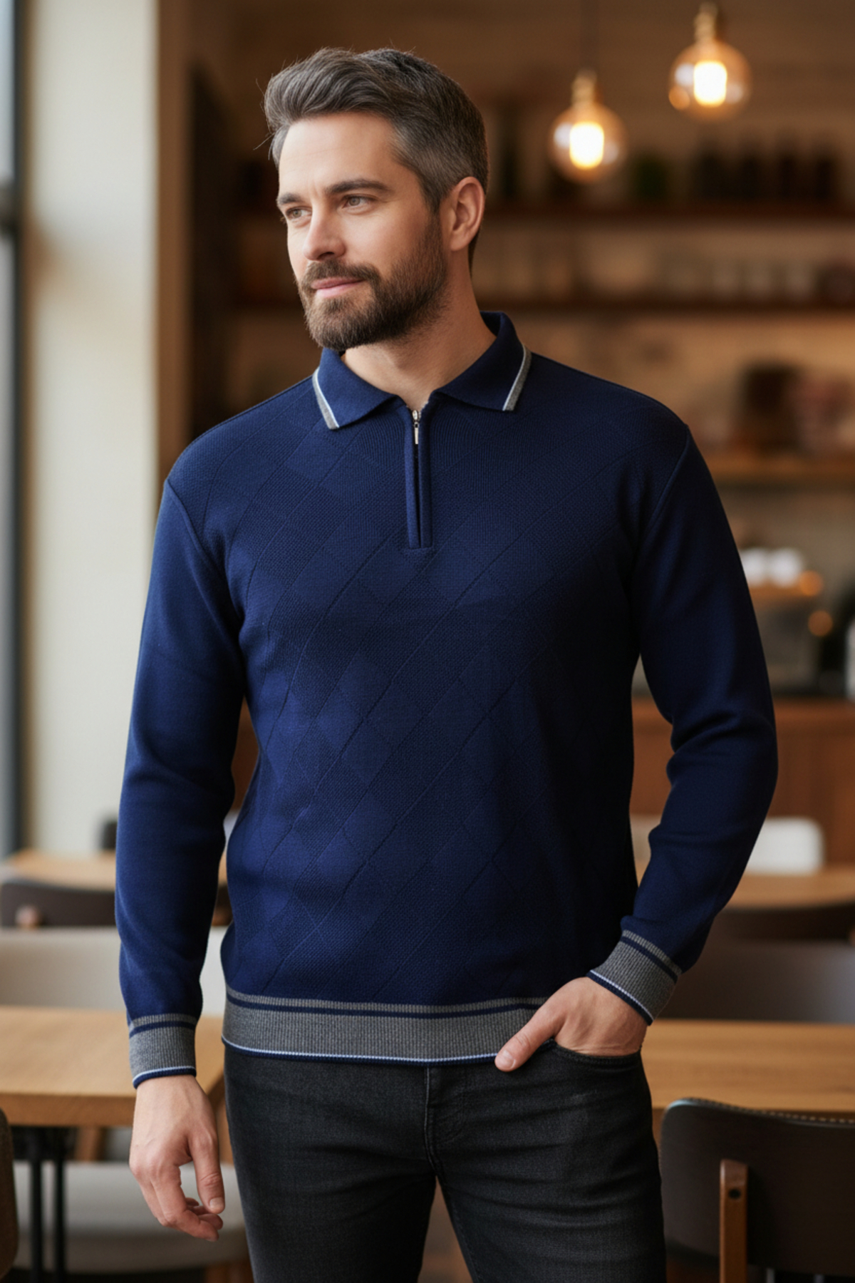 Kamalı  Erkek Lacivert Tüylenme Yapmayan Anti-pilling Standart Fit Normal Kesim Polo Yaka Triko Kazak - Görsel 4