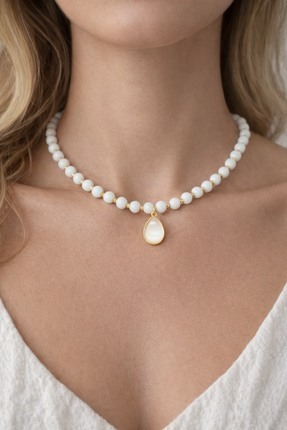 Aurevyn Design Doğal Taş Kolye Beyaz Doğal Oniks Taşı Damla Detaylı Kolye Alt...